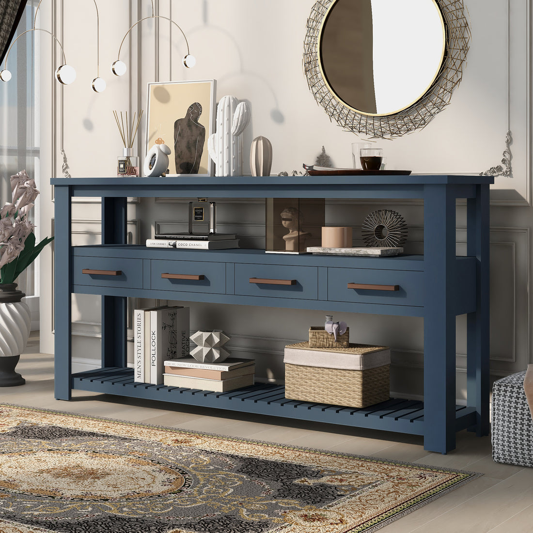 62.2'' Modern Console Table Sofa Table For Living Room With 4 Drawers And 2 Shelves Navy Blue Solid Wood Mdf