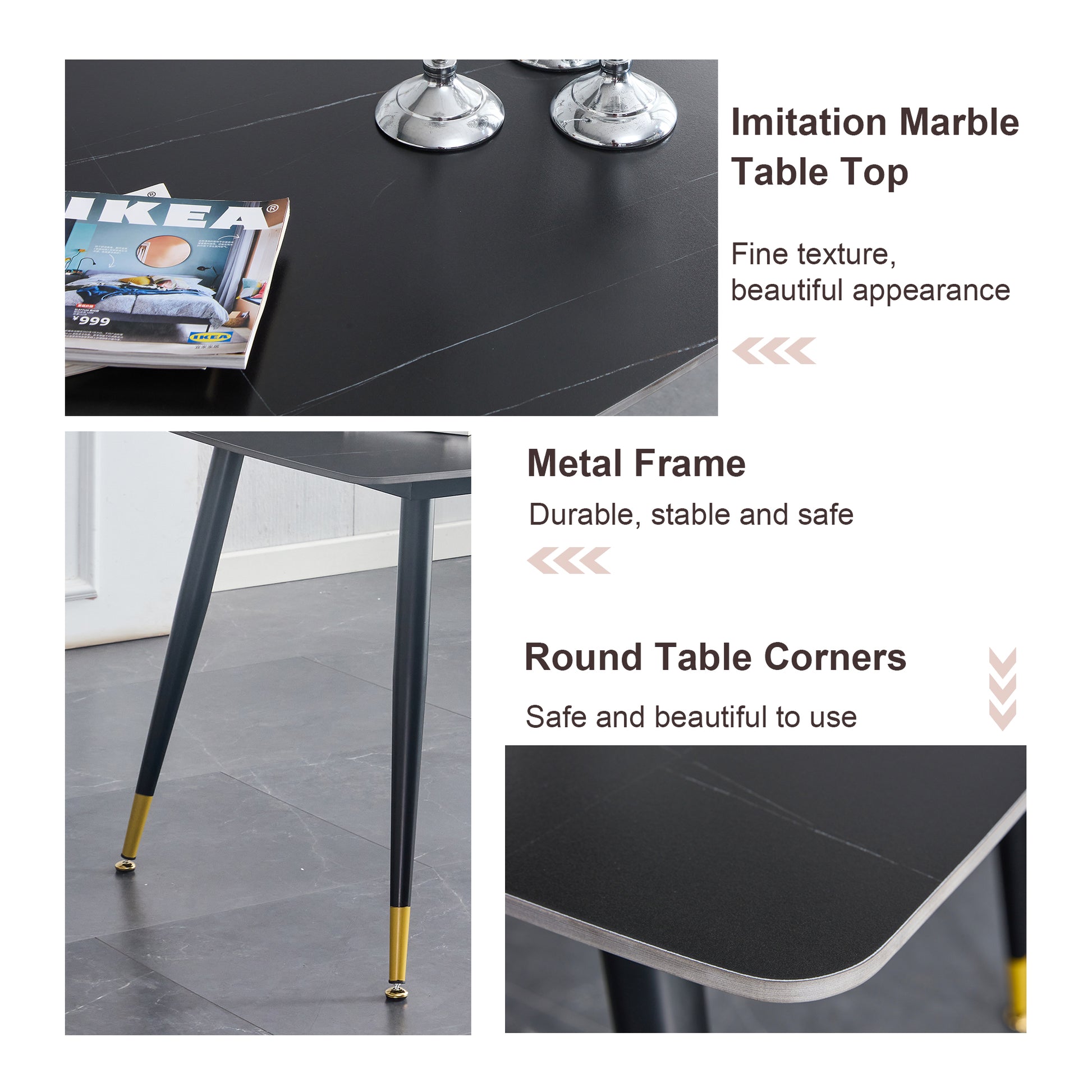 Table And Chair Set. Large Modern Rectangular Table With Black Textured Top And Black Metal Legs. Soft And Comfortable Pu Seats, Faux Leather Upholstered Seats And Sturdy Metal Legs. White Black Seats 4 Sintered Stone