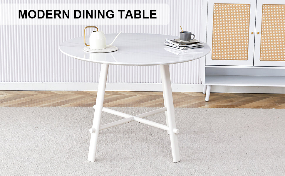 A Modern Minimalist Circular Dining Table With A 42 Inch Diameter White Patterned Tabletop And White Metal Legs. Suitable For Restaurants, Living Rooms, And Conference Rooms. White Mdf Metal