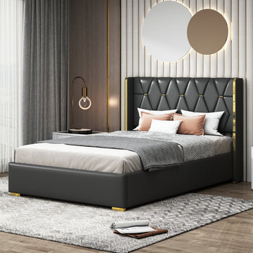 Full Size Upholstered Platform Bed With Metal Strips, Black Full Black Pu