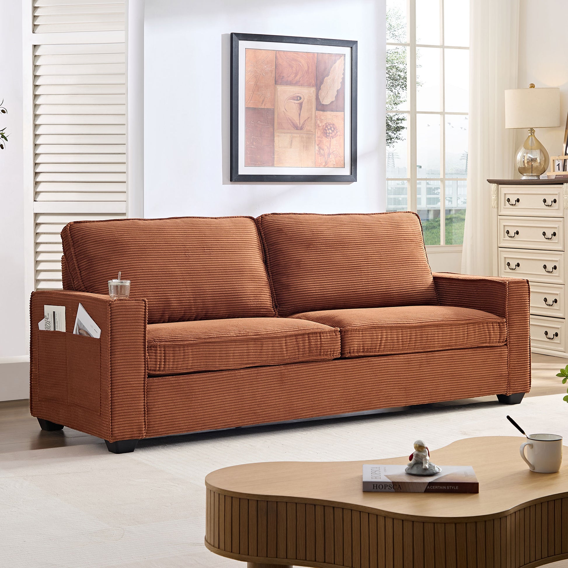 Corduroy Sofa, 87.4 Inch Modern Design Sofa With Cup Holder And Storage Bags, Deep Seat Sofa Couch,Comfy Couch For Living Room,Apartment,Office,Brown Brown Corduroy 3 Seat