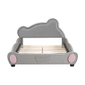 Full Size Velvet Platform Bed With Bear Shaped Headboard, With Bed End Storage Pocket, Gray Full Gray Plywood