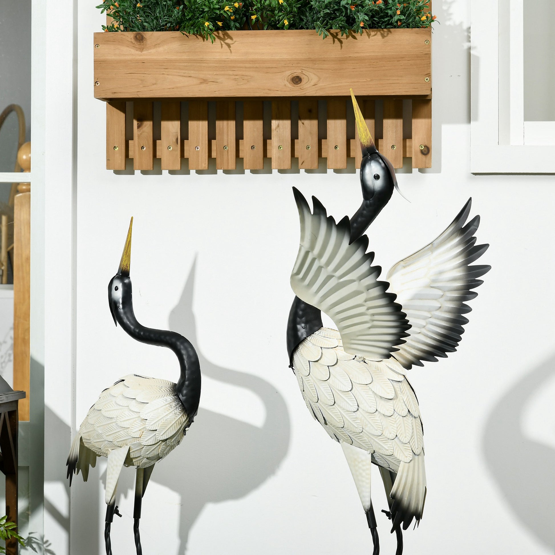 Outsunny Heron Garden Statues, 35.5" & 40.5" Standing Bird Sculptures, Metal Yard Art Decor For Lawn, Patio, Backyard, Landscape Decoration Set Of 2, White & Black Multicolor Steel