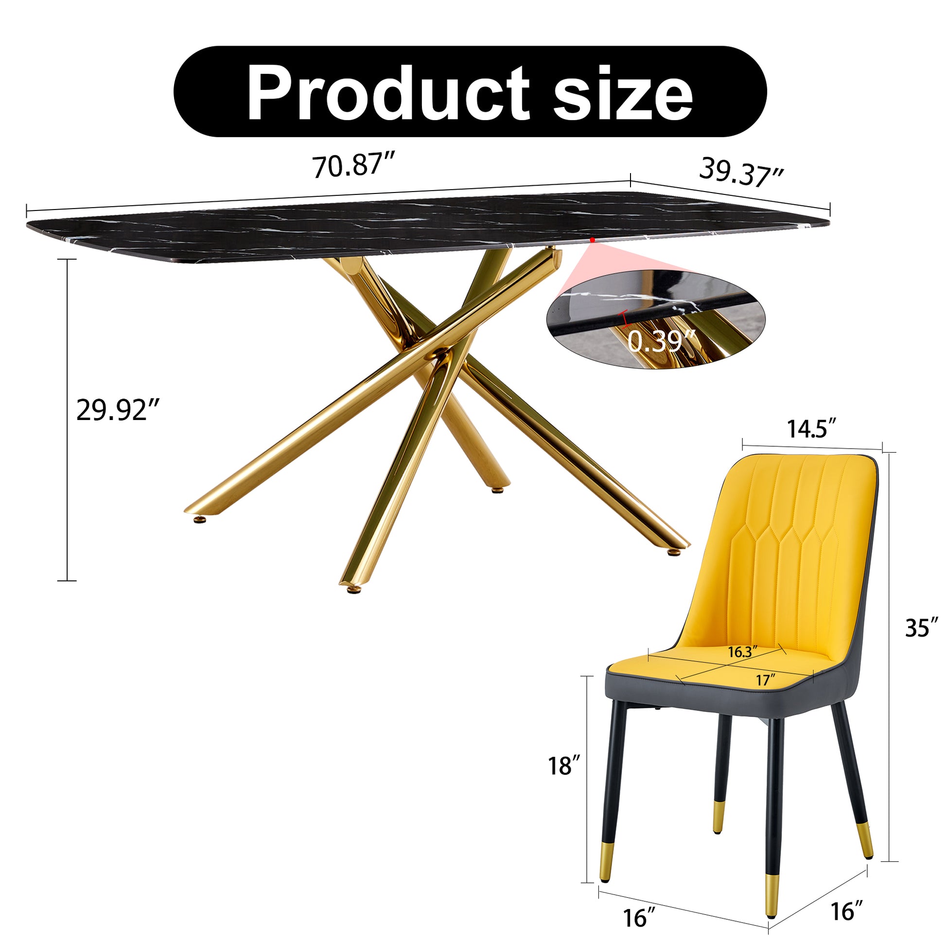 Large Modern Minimalist Rectangular Dining Table With 0.39 "Imitation Marble Black Tabletop And Golden Metal Legs, Paired With Chairs With Pu Cushions And Black Metal Legs. F 1537 C 007 Black Gold Glass Metal