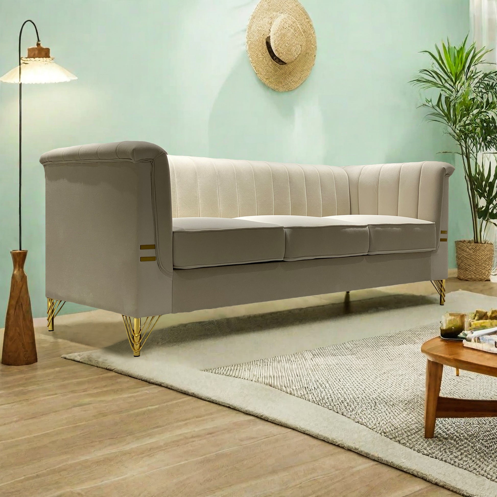 Fx P82 Be Sofa Modern Chenille Sofa, 82.67" Upholstered Couch With Bolster Armrest, 3 Seat Sofa For Living Room, Bedroom, Office, Apartment, Dorm, Beige Beige Velvet 3 Seat