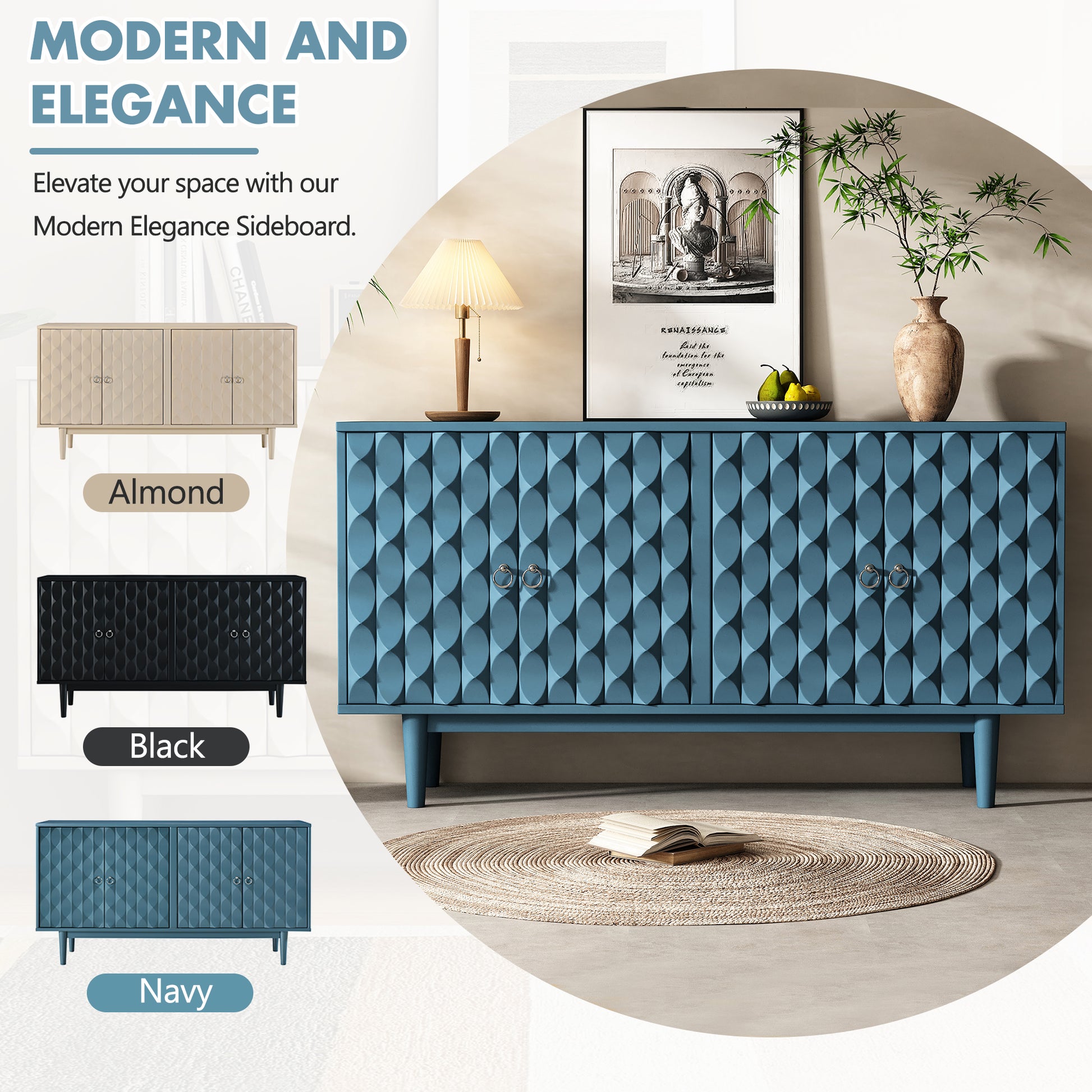 Modern 4 Door Sideboard With Convex Pattern Doors And 2 Silver Handle For Living Room, Dining Room, Kitchen Navy Navy Mdf