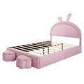 Full Size Upholstered Rabbit Shape Bed With 2 Storage Stools, Velvet Platform Bed With Cartoon Ears Shaped Headboard, Pink Full Pink Wood