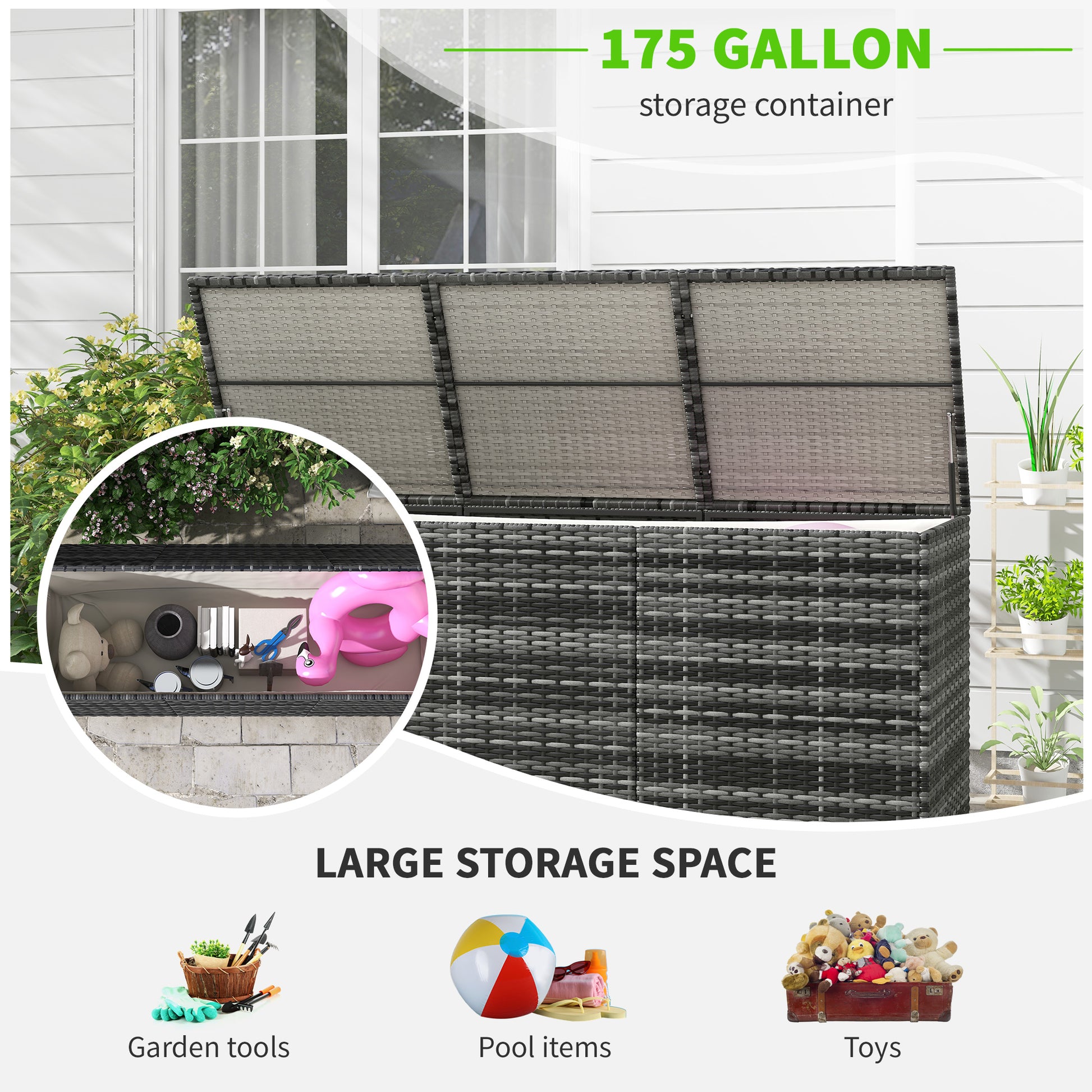 Outsunny 175 Gallon Outdoor Storage Box With Inner Liner, Pe Rattan Wicker Deck Box With Pneumatic Bar Lift For Indoor & Outdoor, Patio Furniture Cushions, Pool Toys, Garden Tools, Mixed Gray Grey Steel