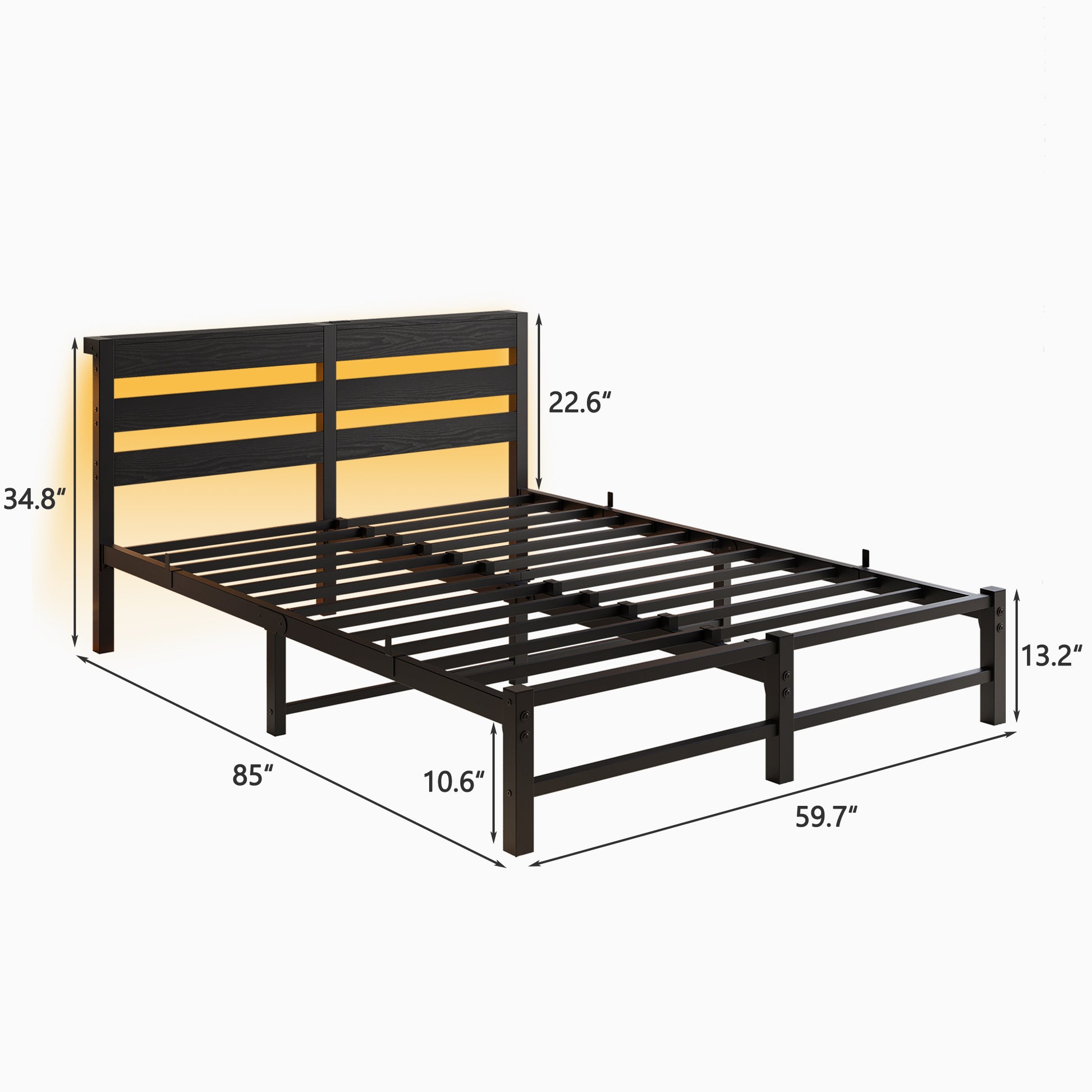 Queen Size Metal Bed Frame With Wooden Headboard, Rgb Lights, Charger, Storage Shelf, Noise Free, No Box Spring Needed, Black Box Spring Not Required Queen Black Metal Bedroom Bed Frame Metal & Wood
