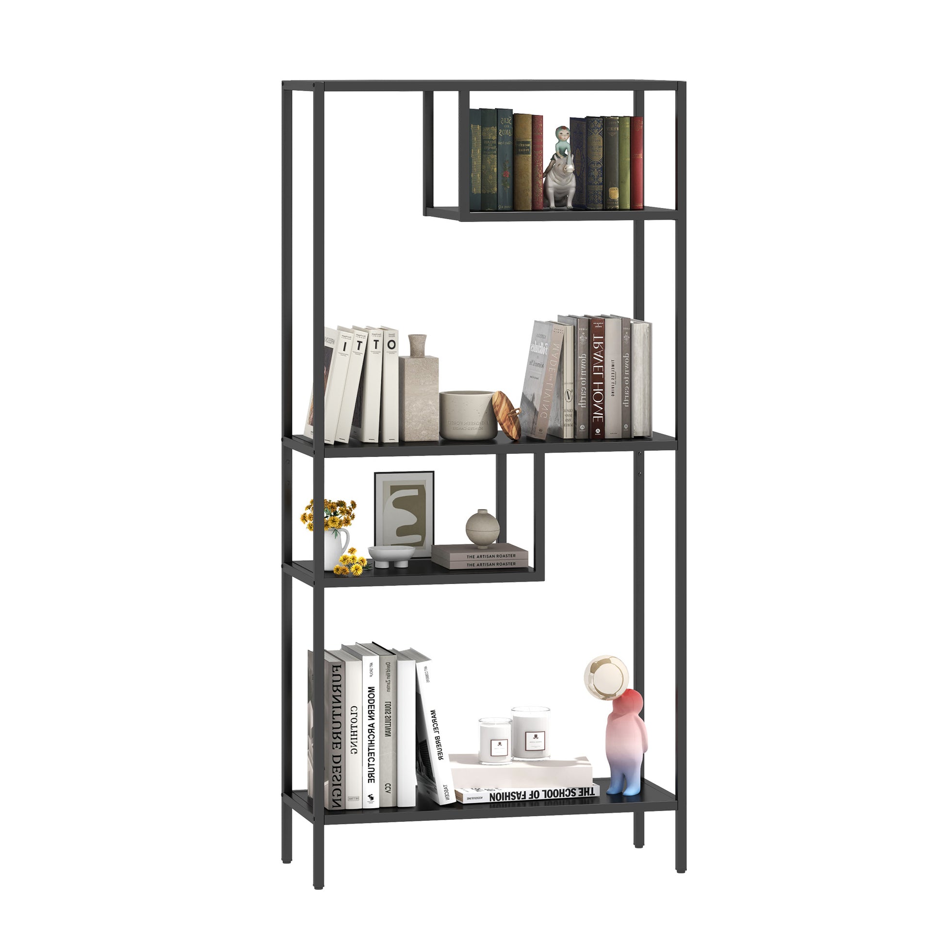 Modern Storage Shelf With 4 Compartments & Metal Legs, Freestanding Organizer,Book Shelves Display Shelves For Living Room, Bedroom, Home Office 4 Black Standard Primary Living Space Open Back Metal