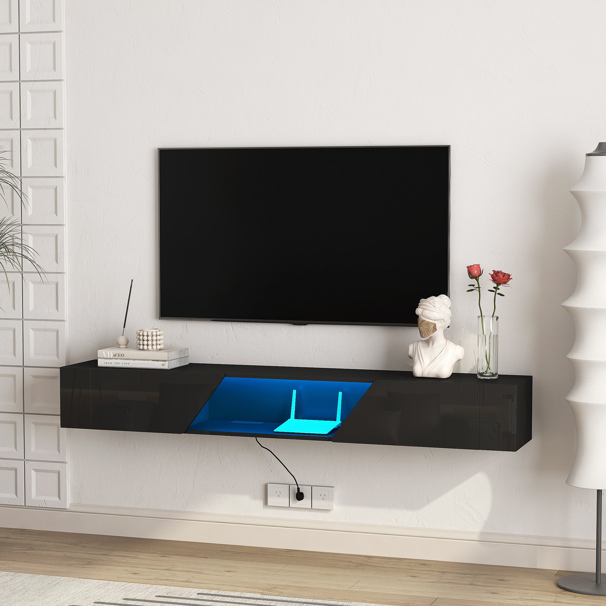 Floating Tv Stand Wall Mounted With 16 Color Leds,69" Modern Tv Stand, Floating Tv Cabinet Entertainment Center For 55 60 65 Inch Tv,Black Black 60 69 Inches Mdf