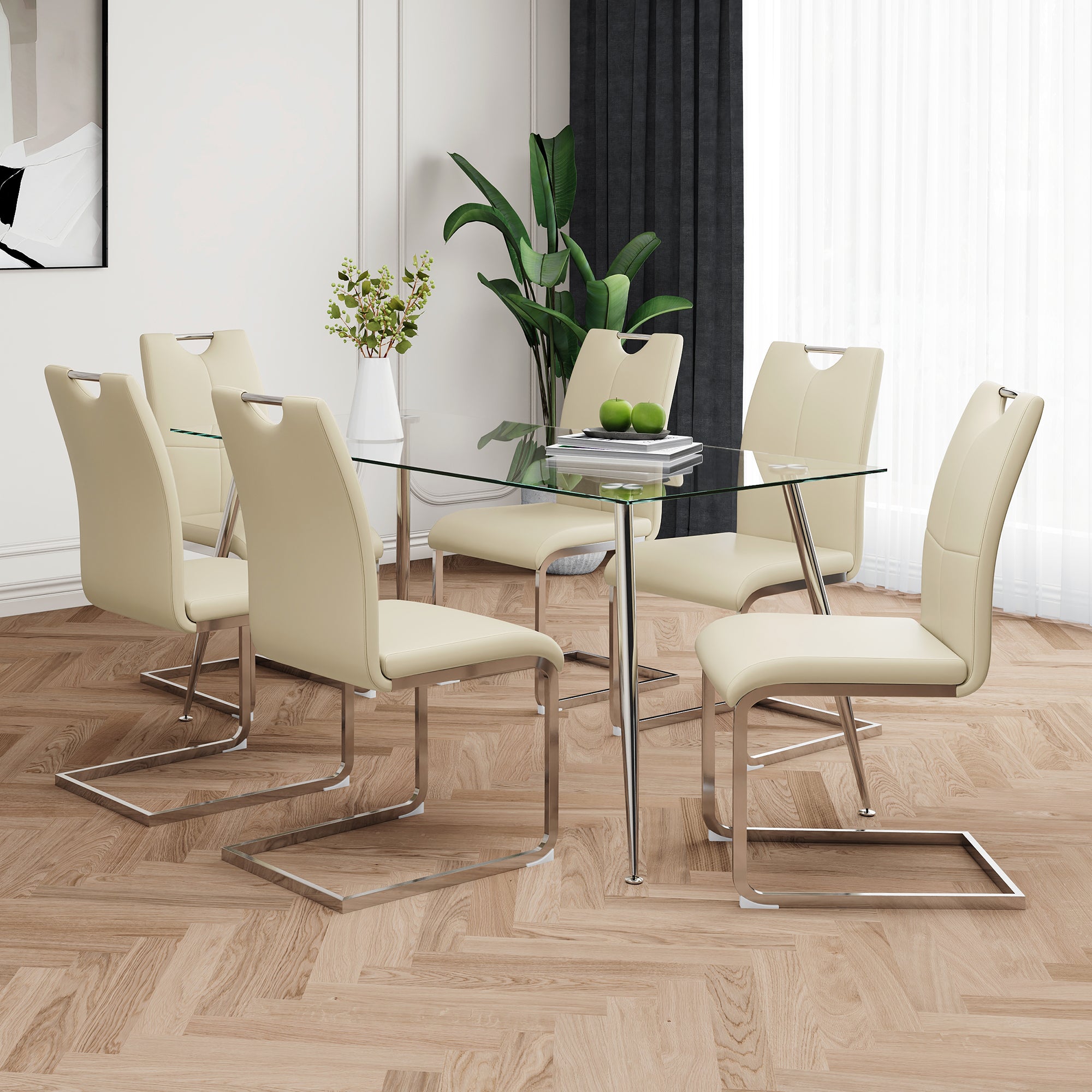 Modern Simple Rectangular Glass Dining Table, Solid Tempered Glass Tabletop, Electroplated Table Legs, Light Yellow Pu Dining Chair Set, Suitable For Restaurant Kitchen Use Set Of 7 Upholstered Chair Glass Light Yellow Seats 6 Metal Rectangular Dining