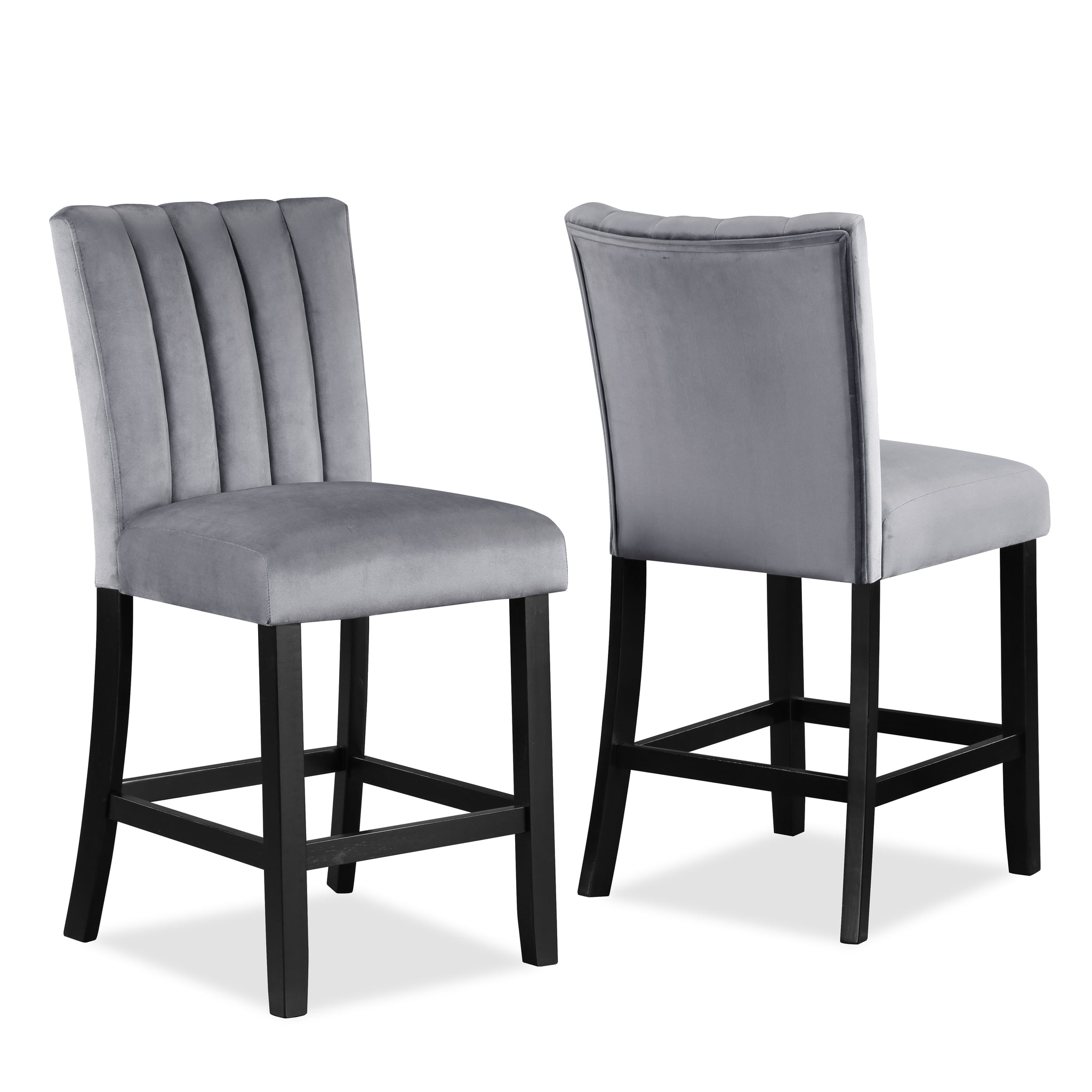2Pc Casual Upholstered Counter Height Velvet Upholstery Chair Channel Tufted Back Wooden Dining Room Furniture Gray Black Black,Gray Dining Room Contemporary,Modern Bar Stools Tufted Back Set Of 2