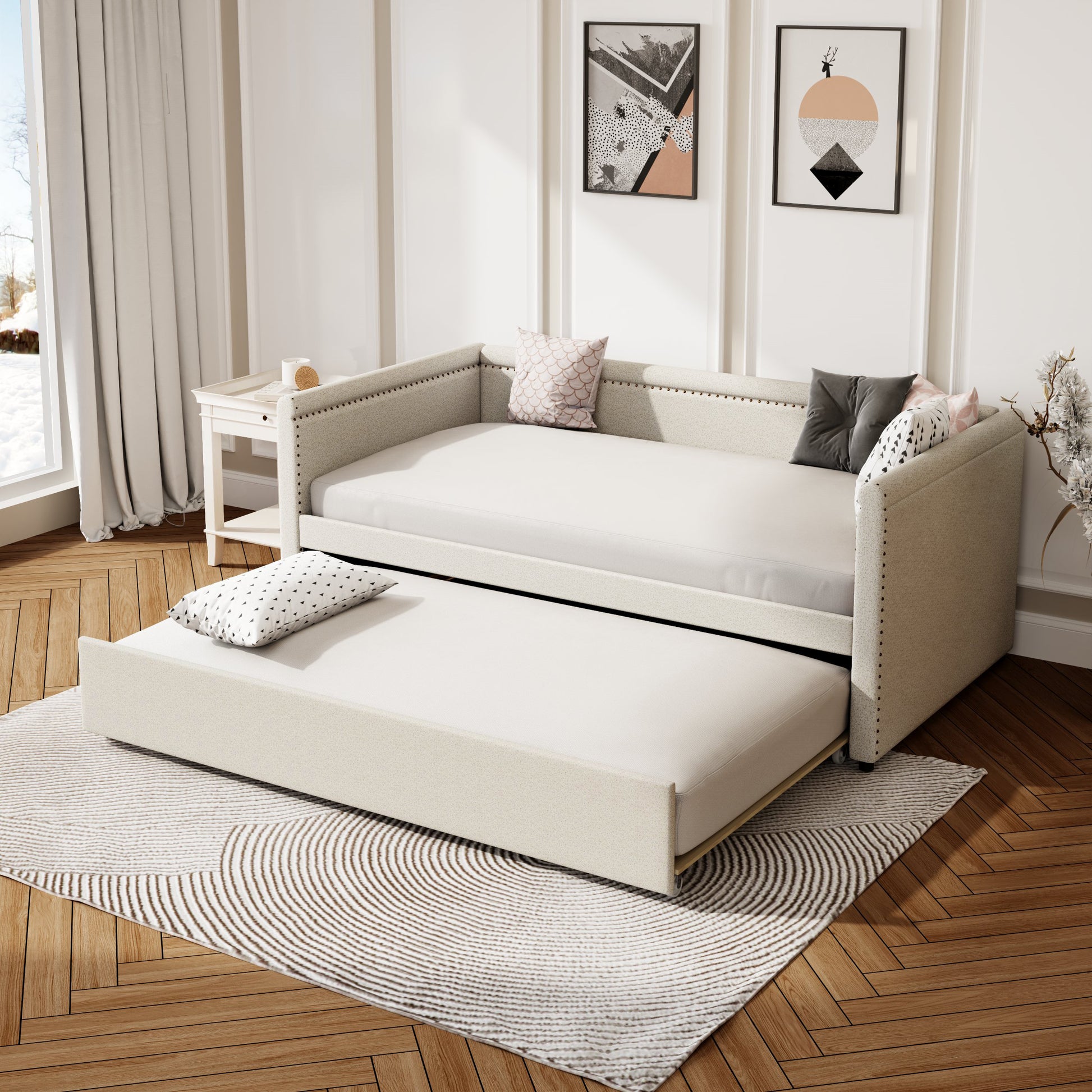 Modern Style Twin Size Upholstered Daybed With Trundle For Guest Room, Small Bedroom, Study Room, Beige Box Spring Not Required Twin Beige Wood Bedroom Traditional Daybeds Linen Upholstered