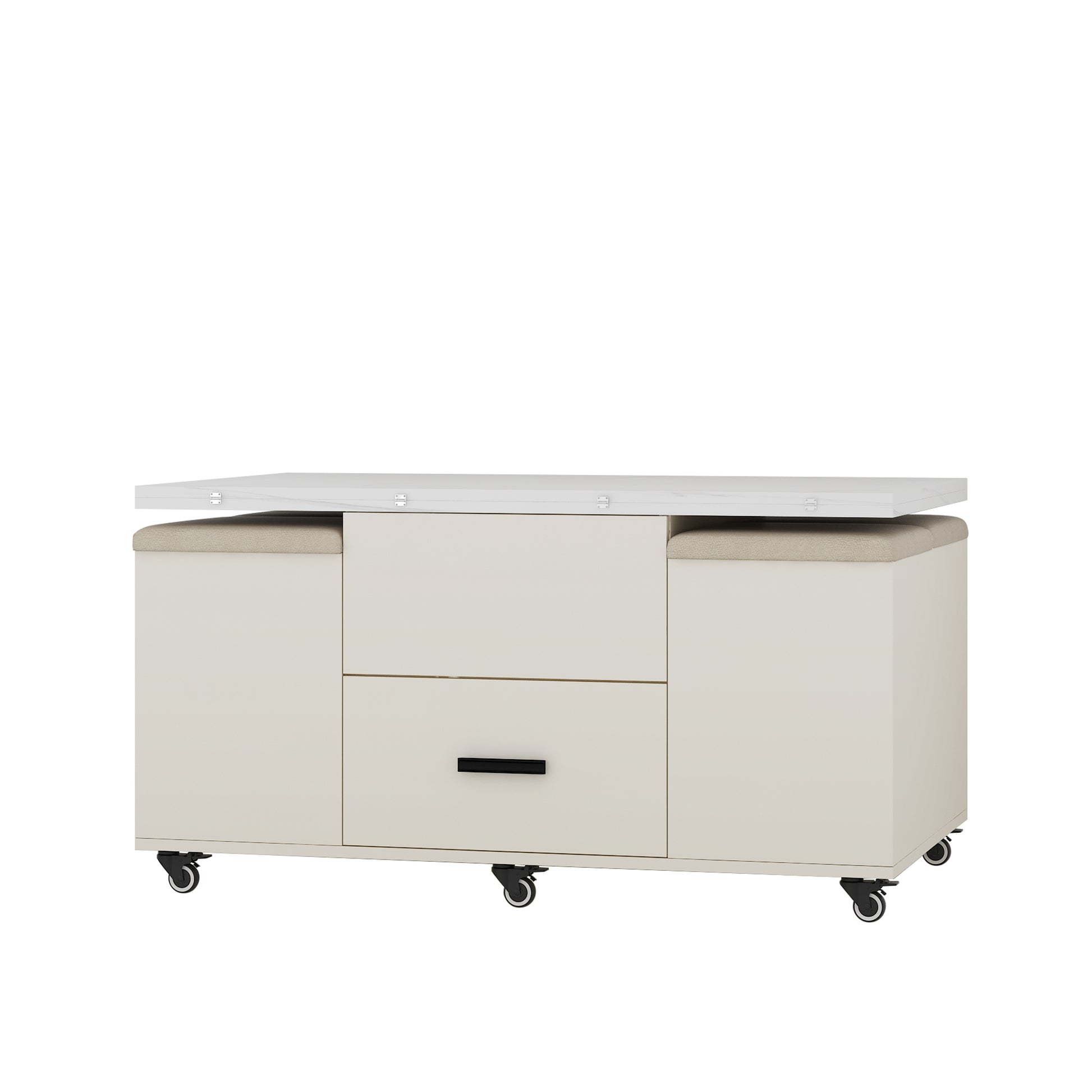 Modern Lift Up Coffee Table With 4 Stools Set For Living Room Expandable 1 Hidden Storage 2 Drawers Space Saving Folding Dining Table White Mdf