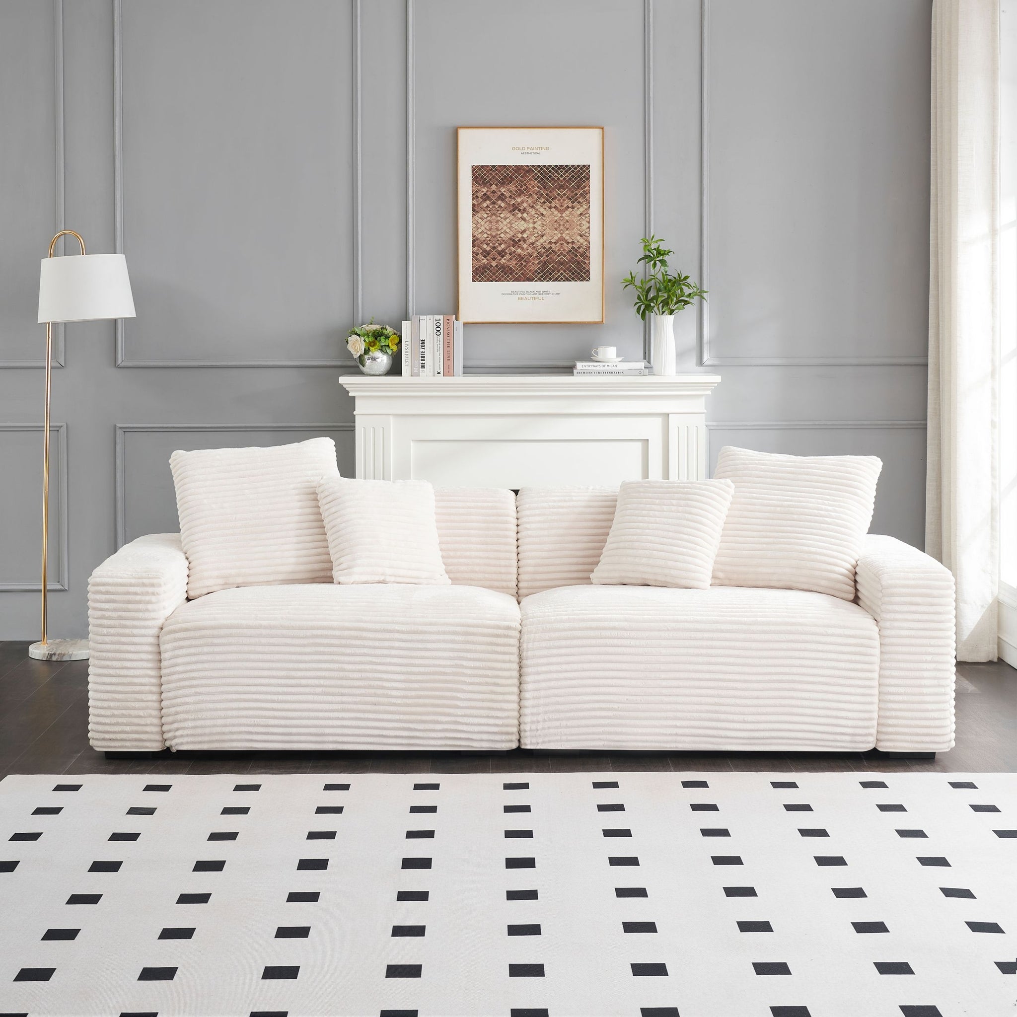 104.72 Inch 4 Seat Large Sofa With 4 Throw Pillows, Living Room Sofa Beige Corduroy Fabric Beige Corduroy 3 Seat