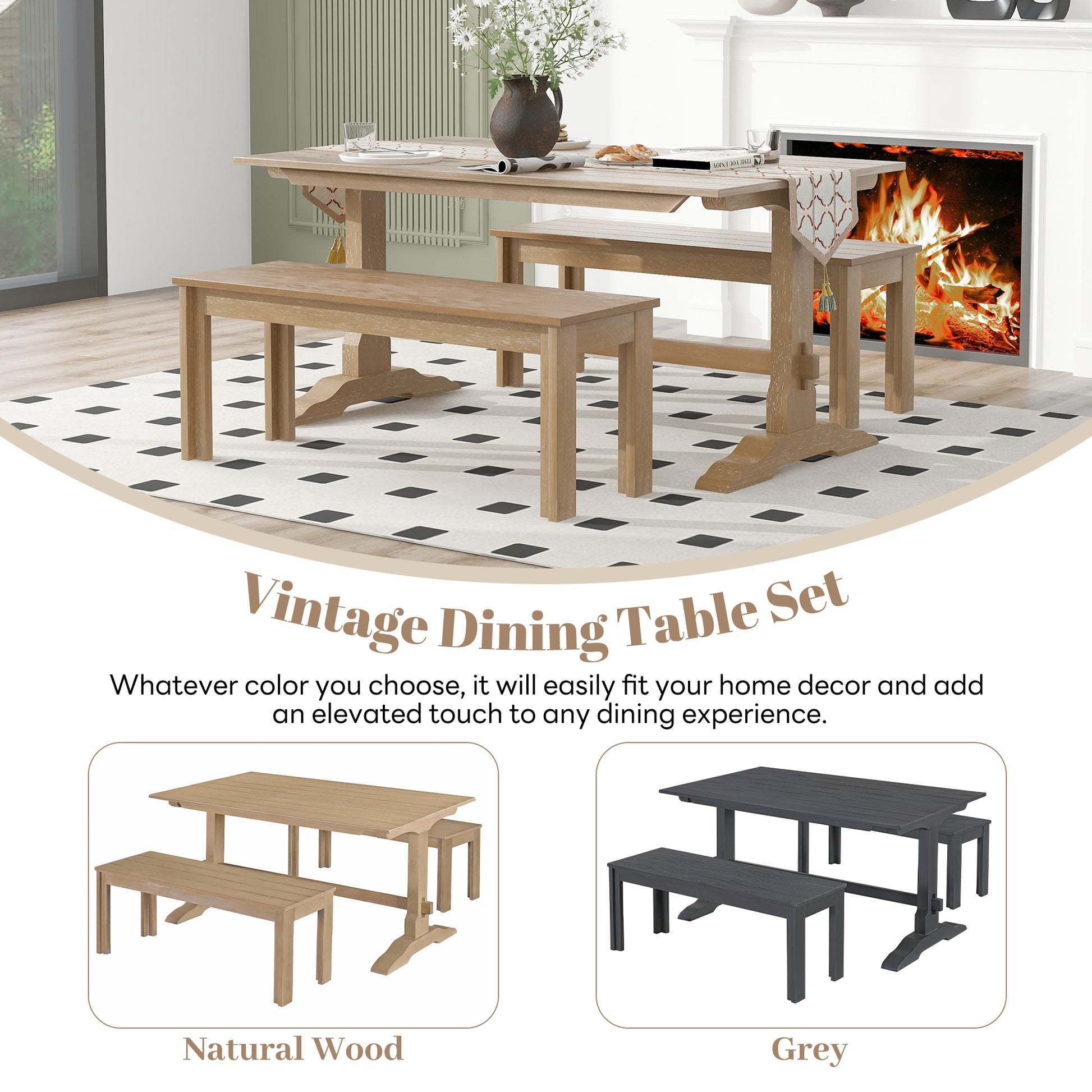 3 Piece Retro Dining Set, Rectangular Trestle Table And 2 Wooden Benches For 4 People For Dining Room And Kitchen Natural Wood Natural Wood Solid Wood Mdf