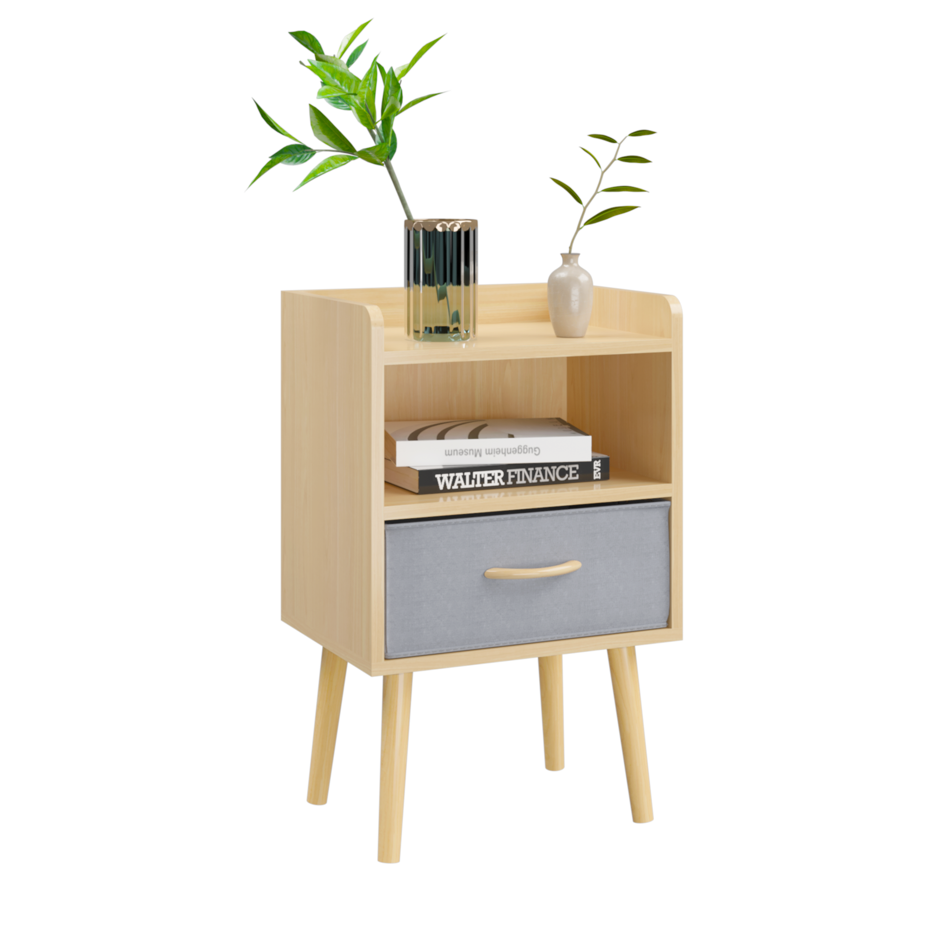 2Pc Nightstand With Collapsible Fabric Drawer, 2 Tier Storage End Table, Wood Side Table With Storage Cabinet For Bedroom, Living Room Oak Oak Engineered Wood
