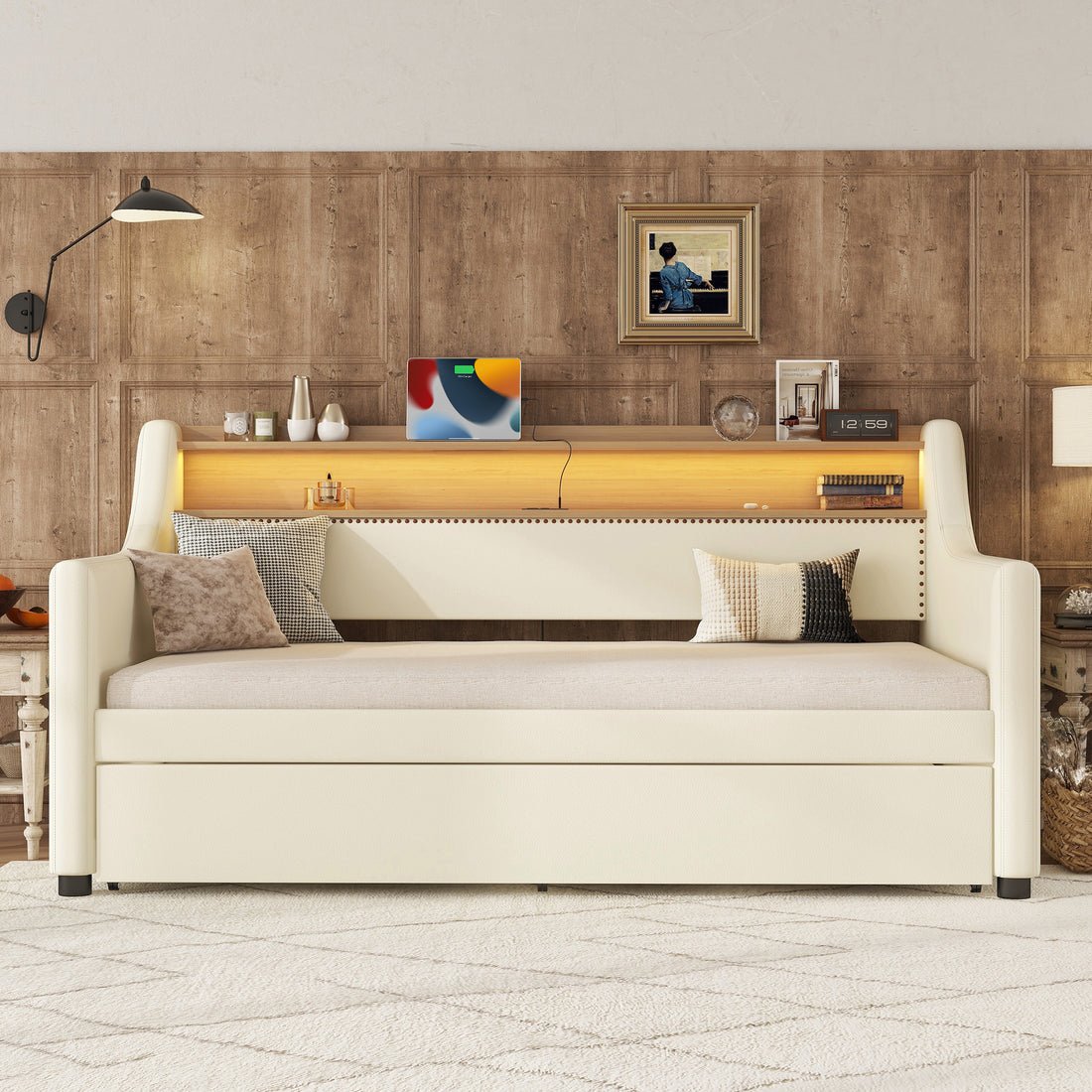 Twin Size Daybed With Trundle, Upholstered Daybed With Charging Station And Led Lights, White Twin White Pu Leather