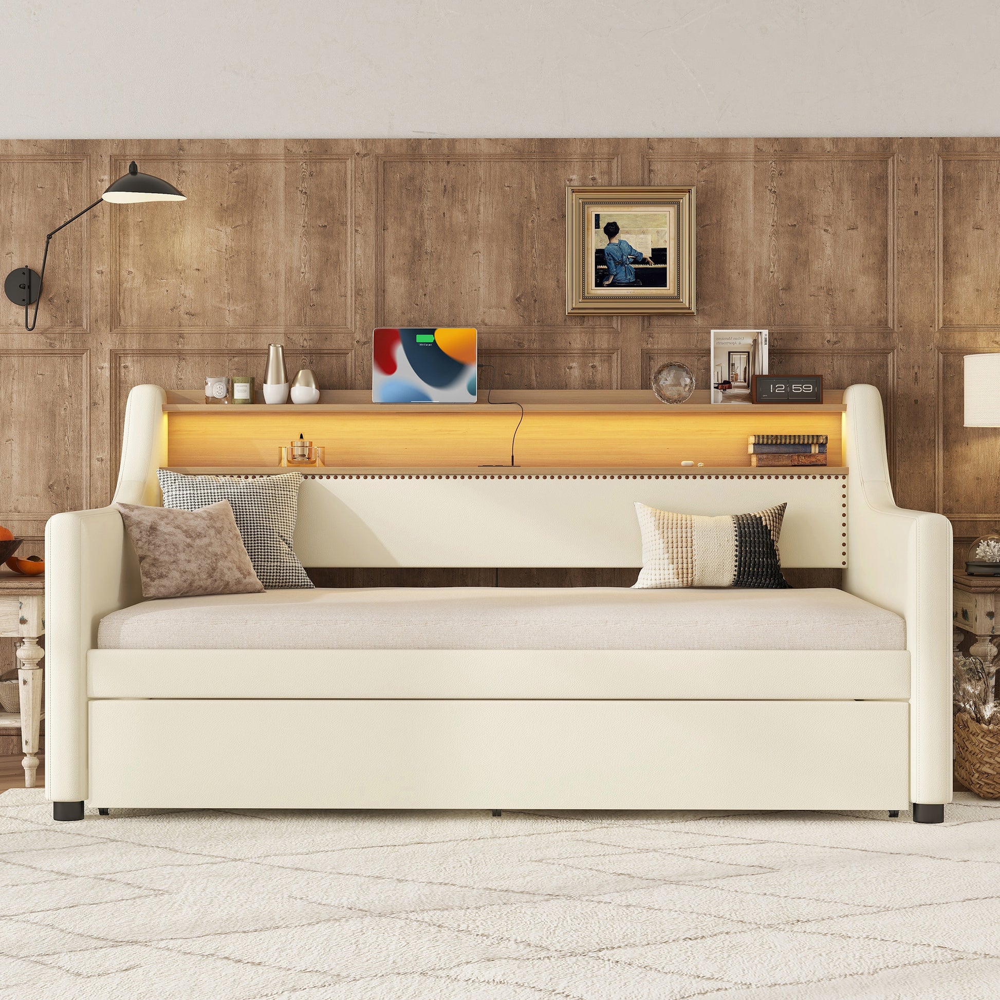 Twin Size Daybed With Trundle, Upholstered Daybed With Charging Station And Led Lights, White Twin White Pu Leather