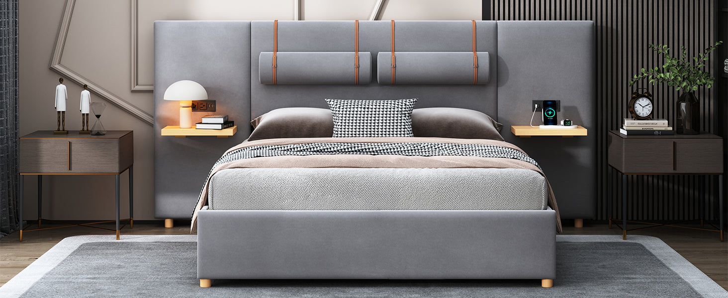 Queen Upholstered Platform Bed, Two Outlets And Usb Charging Ports On Both Sides, Two Bedside Pillows, Storage Shelves, Velvet,Gray Queen Gray Mdf Lvl