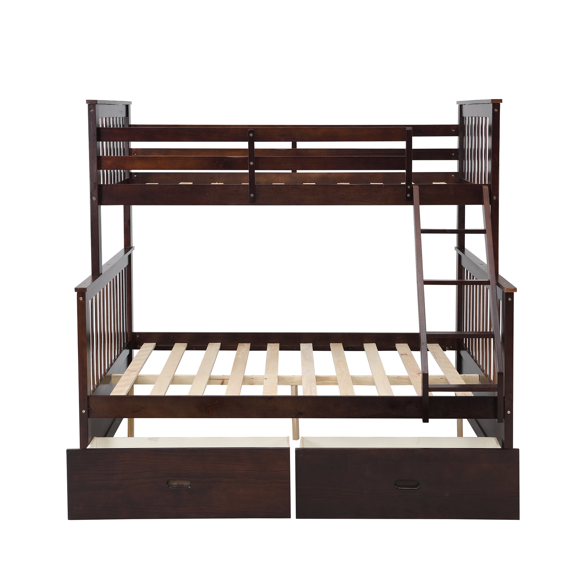 Twin Over Full Bunk Bed With Storage Drawers, Wooden Bunk Bed With Ladder And Safety Guard Rails Espresso Full Espresso Wood
