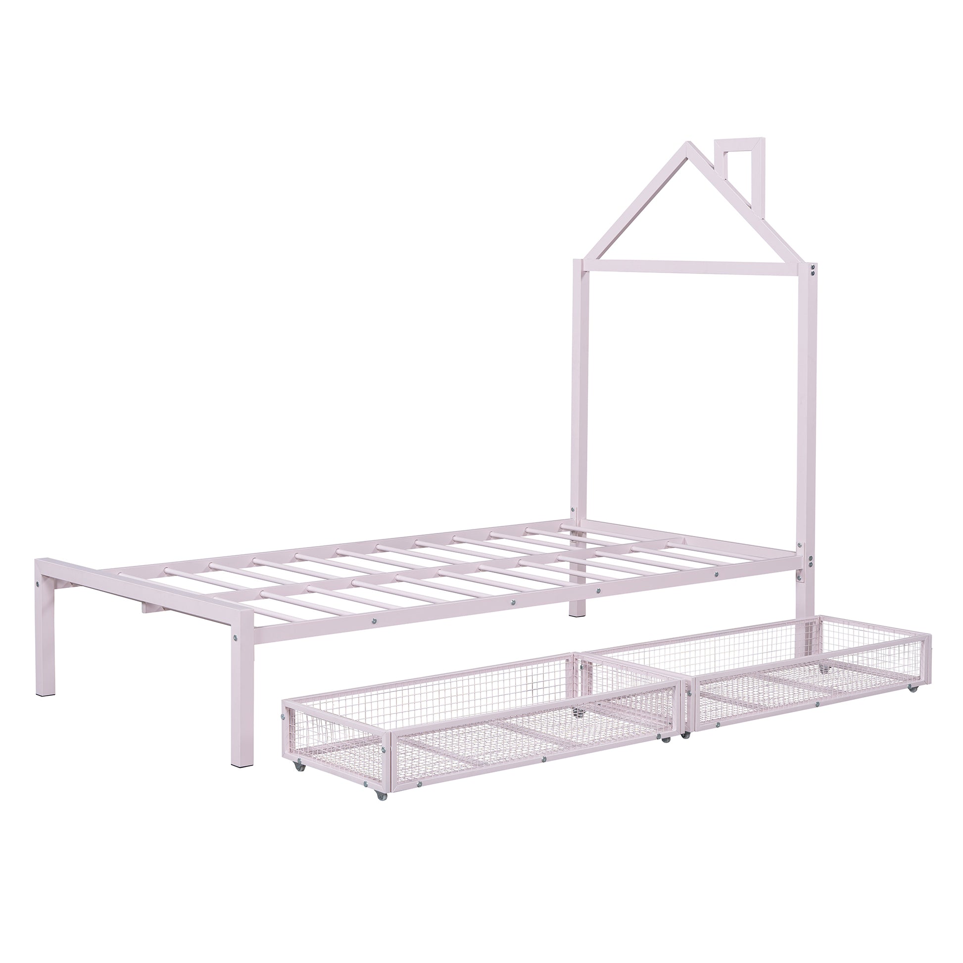 Twin Size Metal Platform Bed With Two Drawers,House Shaped Headboard Design, Pink Twin Pink Metal