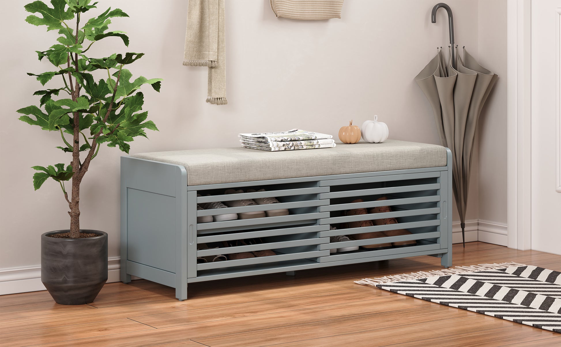 Distressed Shutter Storage Bench With Acacia Veneer For Retro Charm For Living Room, Entryway Grey Grey Mdf