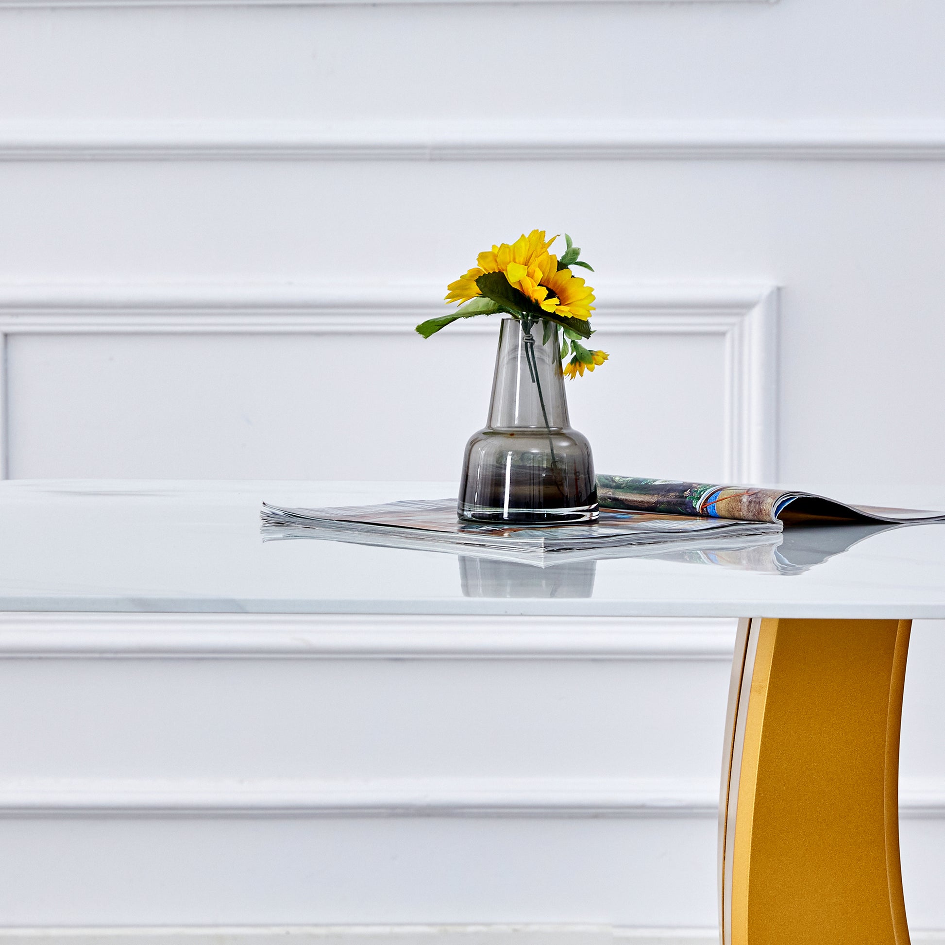 Table And Chair Set, Modern Minimalism And Luxurious White Rectangular Pattern Dining Table. Soft And Comfortable Dining Chairs For Dining Rooms, Living Rooms, Terraces And Kitchens. White Seats 8 Mdf Glass