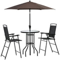 Outsunny 4 Piece Outdoor Patio Dining Furniture Set, 2 Folding Chairs, Adjustable Angle Umbrella, Wave Textured Tempered Glass Dinner Table, Black Black Steel