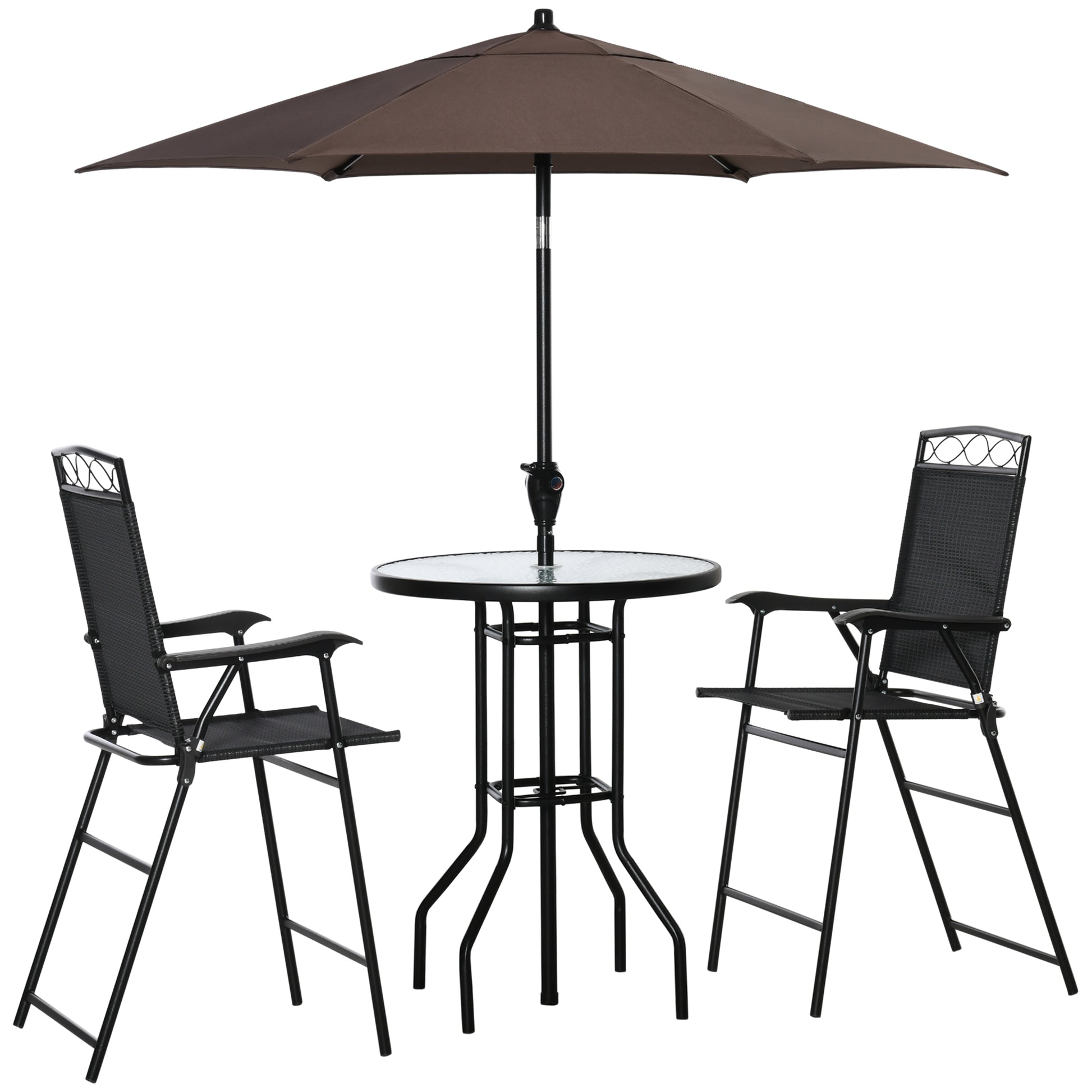 Outsunny 4 Piece Outdoor Patio Dining Furniture Set, 2 Folding Chairs, Adjustable Angle Umbrella, Wave Textured Tempered Glass Dinner Table, Black Black Steel