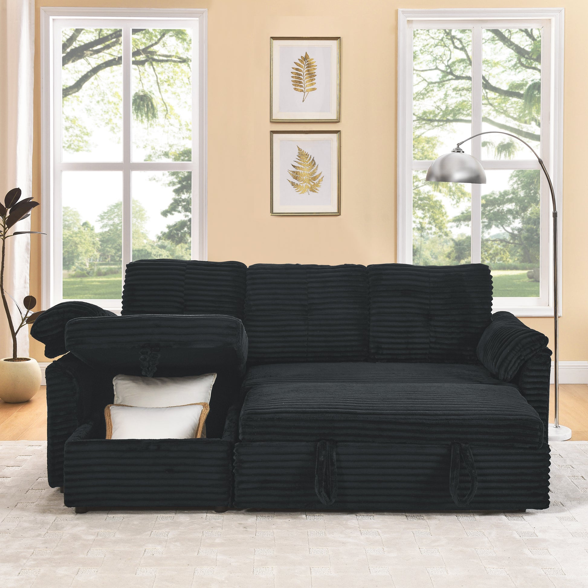 Corduroy Tufted Upholstered Sleeper Sectional Sofa, L Shaped Modular Convertible Sofa With Reversible Storage Chaise, Pull Out Sleep Couch Bed And Reclining Backrest Perfect For Living Space, Black Full Black Corduroy