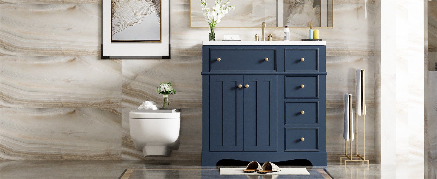36'' Bathroom Vanity With Resin Sink Combo, Solid Wood Frame Bathroom Storage Cabinet, Freestanding Vanity Set With 3 Drawers& Adjustable Shelf Blue Bathroom Modern Solid Wood Mdf Resin