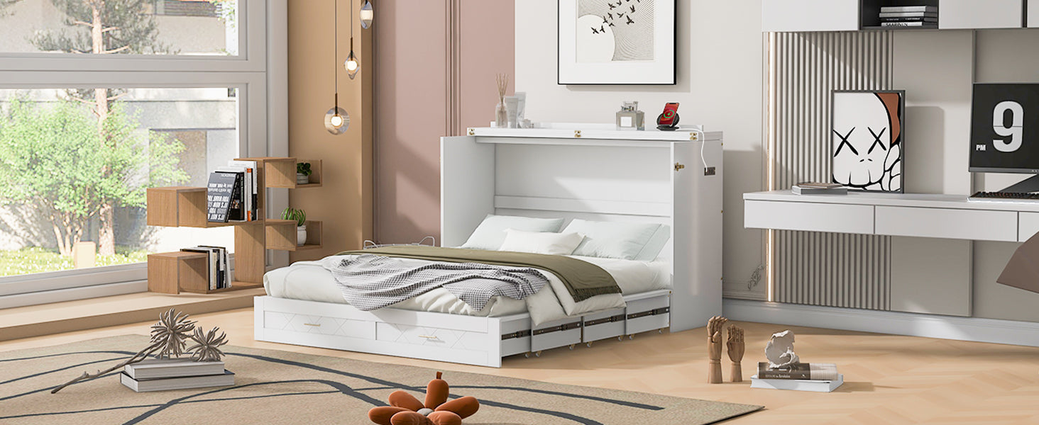 Queen Size Murphy Bed Wall Bed With Drawer And A Set Of Sockets & Usb Ports, Pulley Structure Design, White Queen White Mdf Lvl