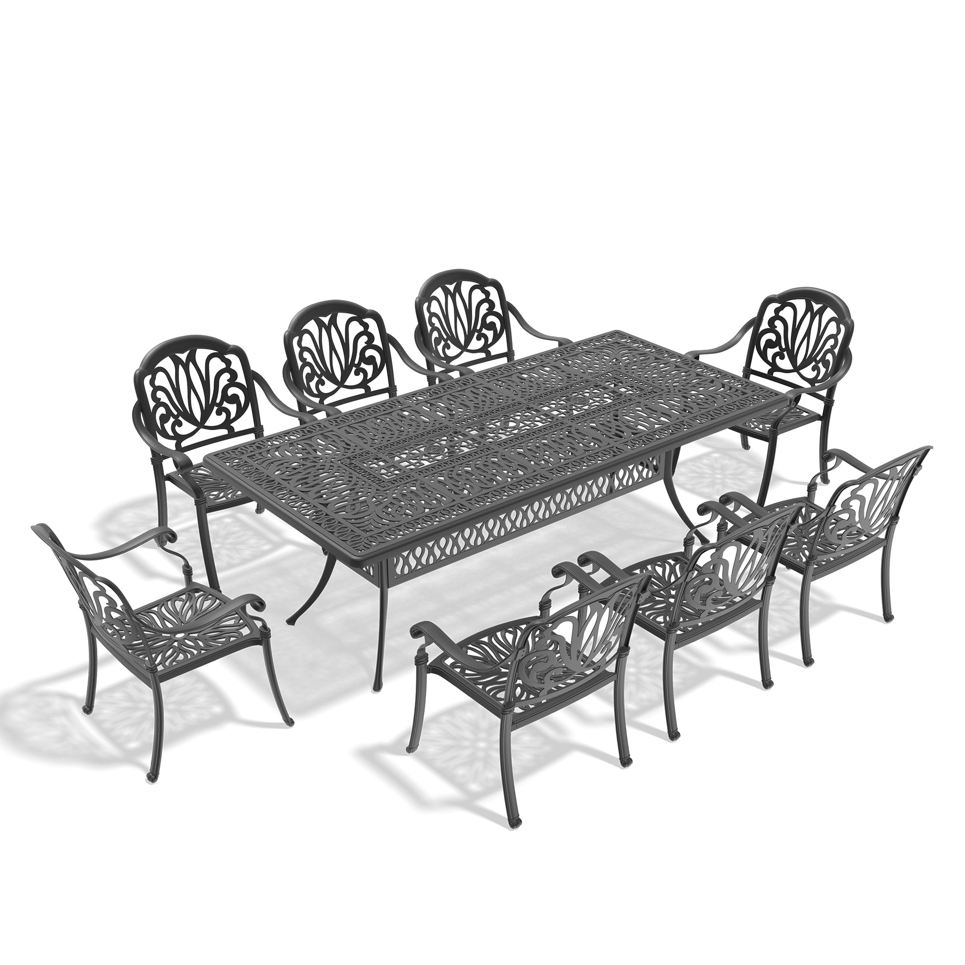 Cushions In Random Colors 9 Piece Set Of Cast Aluminum Patio Furniture With Cushions Yes Dining Set Black Seats 8 Rust Resistant Frame Water Resistant Cushion Garden & Outdoor Complete Patio Sets Aluminium