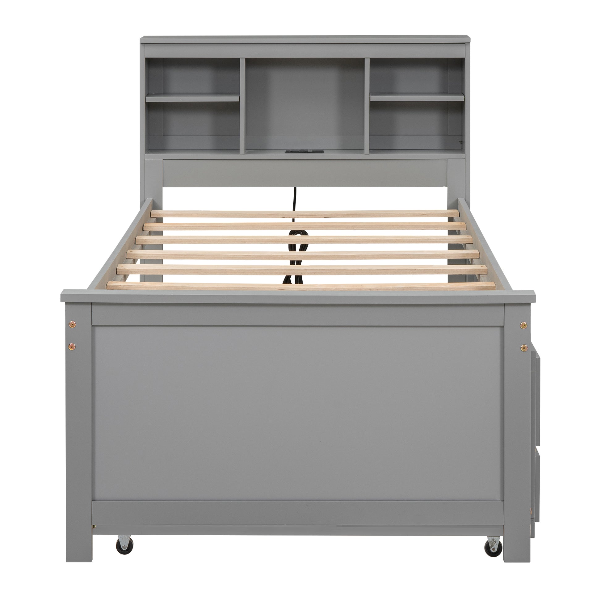 Twin Size Platform Bed With Storage Headboard, Usb, Twin Size Trundle And 3 Drawers, Gray Box Spring Not Required Twin Gray Wood Bedroom Bed Frame Solid Wood Mdf