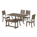 6 Piece Wood Dining Table Set With Storage Shelf And Curved Legs, Kitchen Table Set With Bench And 4 Removable Cushions Dining Chairs, Modern Style, Brown Gray Cushion Wood Dining Room Solid Wood Rubberwood Rectangular Dining Table With Bench Wood Wood