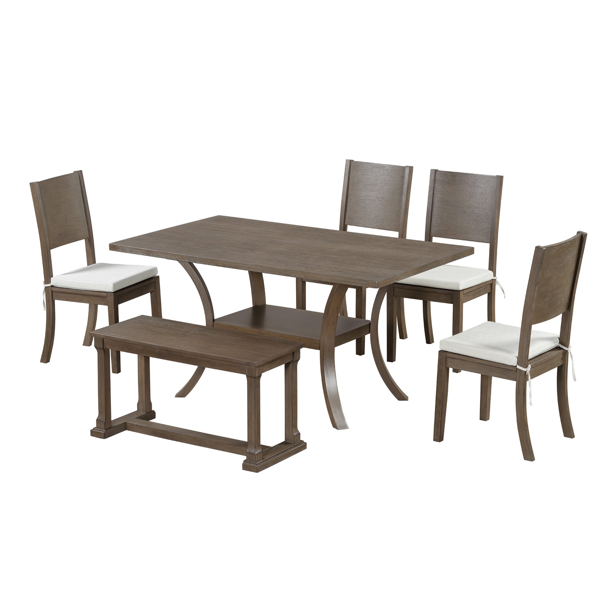 6 Piece Wood Dining Table Set With Storage Shelf And Curved Legs, Kitchen Table Set With Bench And 4 Removable Cushions Dining Chairs, Modern Style, Brown Gray Cushion Wood Dining Room Solid Wood Rubberwood Rectangular Dining Table With Bench Wood Wood