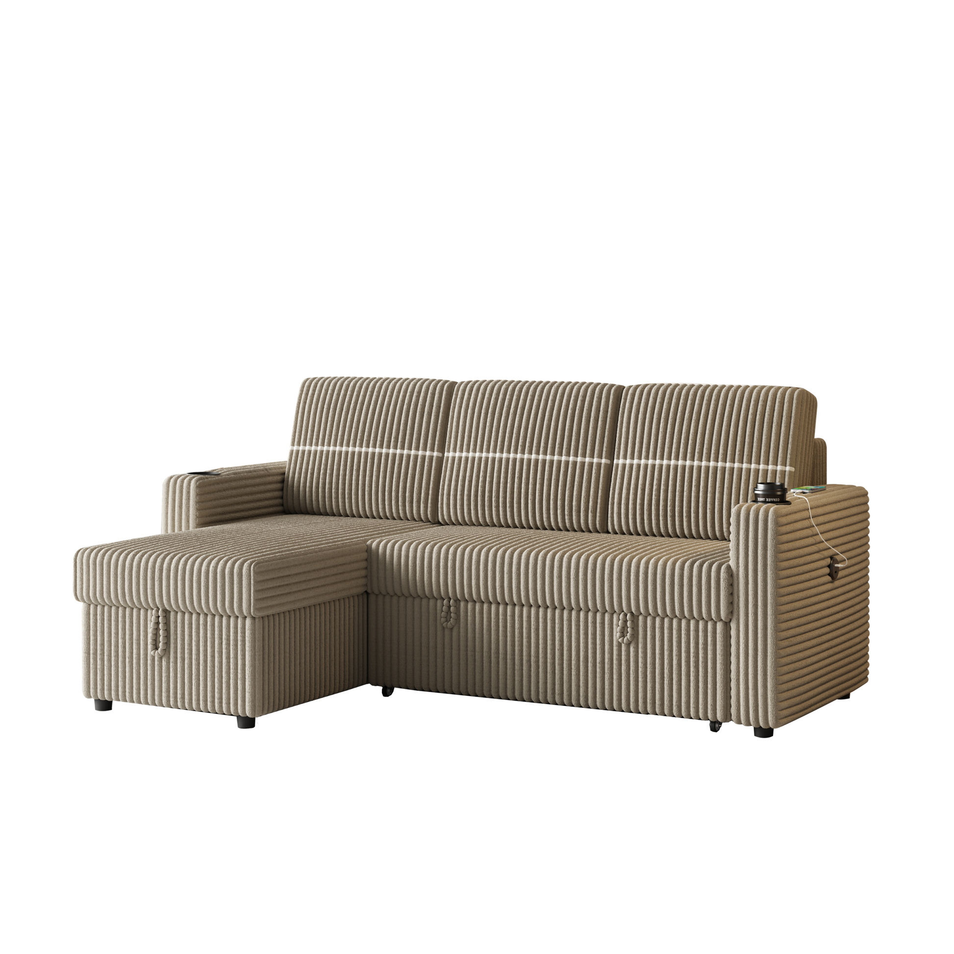 85 Inches Corduroy Sofa Bed, 3 Seater Sleeper Sofa With Storage Chaise, Square Handrail With Two Cup Holder And Usb Charge Port, Pull Out Couch For Living Room Brown Corduroy 3 Seat