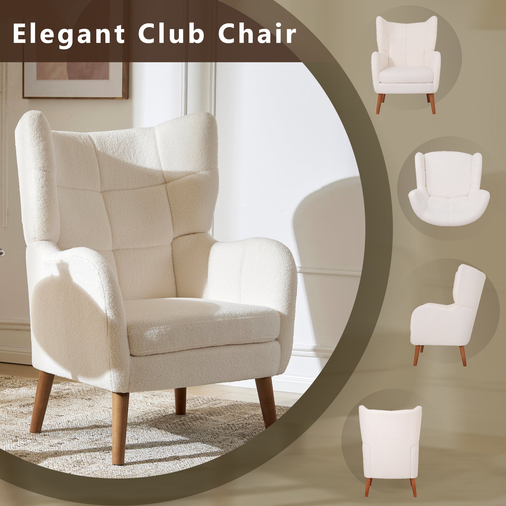 Mid Century Accent Chair, Ivory White, Modern Retro Lounge Armchair, Birch Frame, Upholstered Teddy Wool Fabric, Single Sofa Armchair For Small Spaces, Living Room, Bedroom, Reading Corner, Balcony Ivory White Espresso Primary Living Space