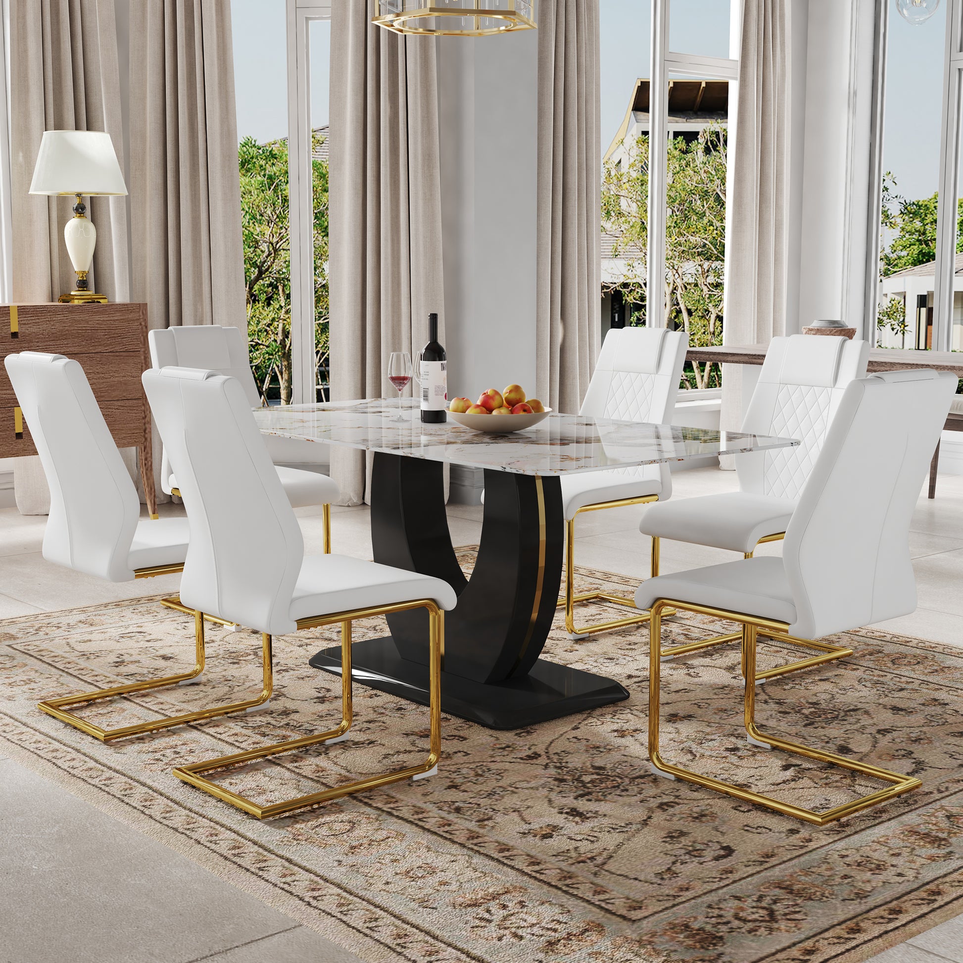 Table And Chair Set, Modern Dining Table, Patterned Table Top And Black Mdf Table Leg, Soft And Comfortable Dining Chair, Perfect For Dinner, Meetings, Home And Office Decor White Black Mdf Glass