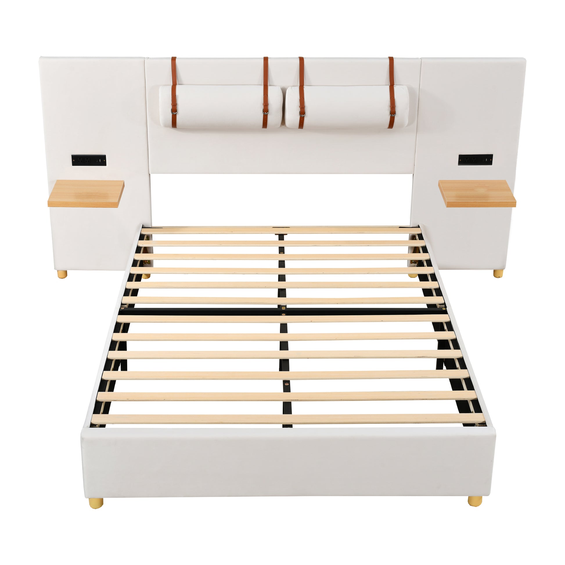 Full Size Upholstered Platform Bed, Two Outlets And Usb Charging Ports On Both Sides, Two Bedside Pillows, Storage Shelves,Velvet,Beige Full Beige Mdf Lvl