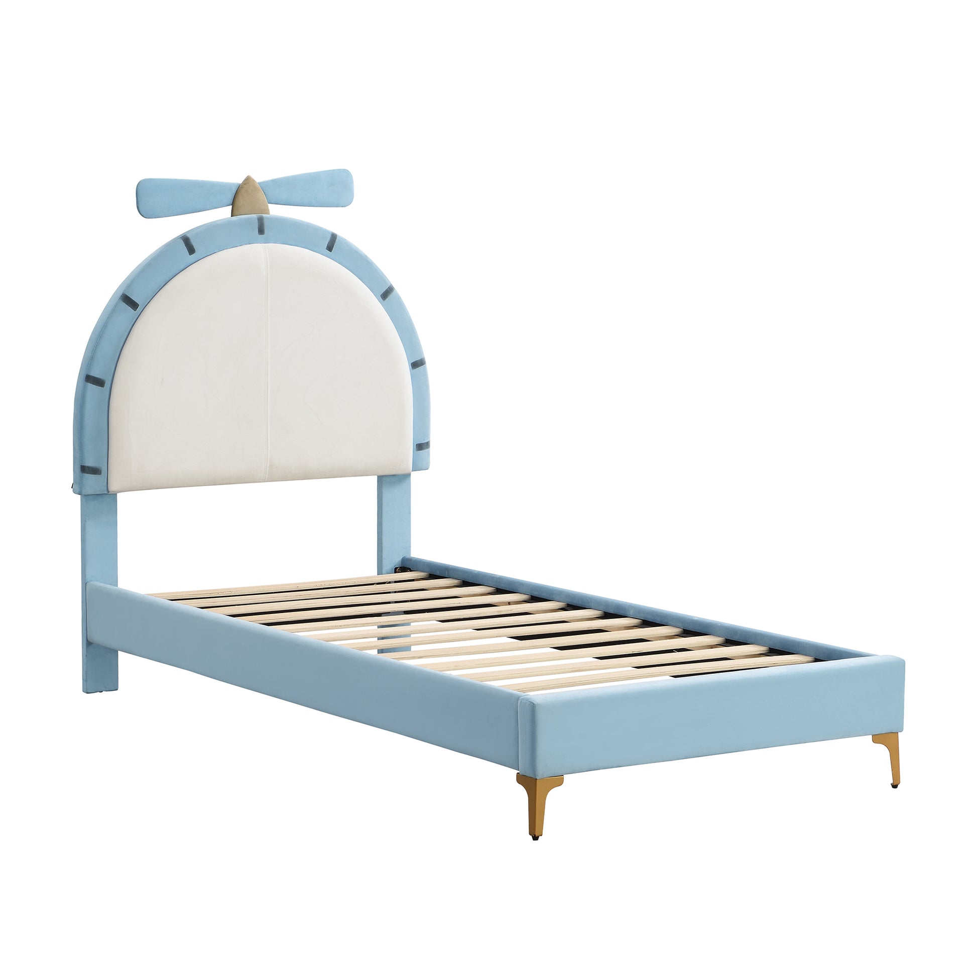 Twin Size Upholstered Platform Bed With Alarm Clock Shaped Headboard, Blue Box Spring Not Required Twin Blue Wood Bedroom Bed Frame Velvet Upholstered