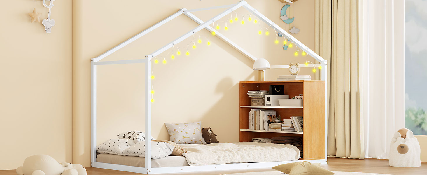 Twin Size Metal Bed House Bed Frame With Shelves And Lights, White Twin White Metal & Wood