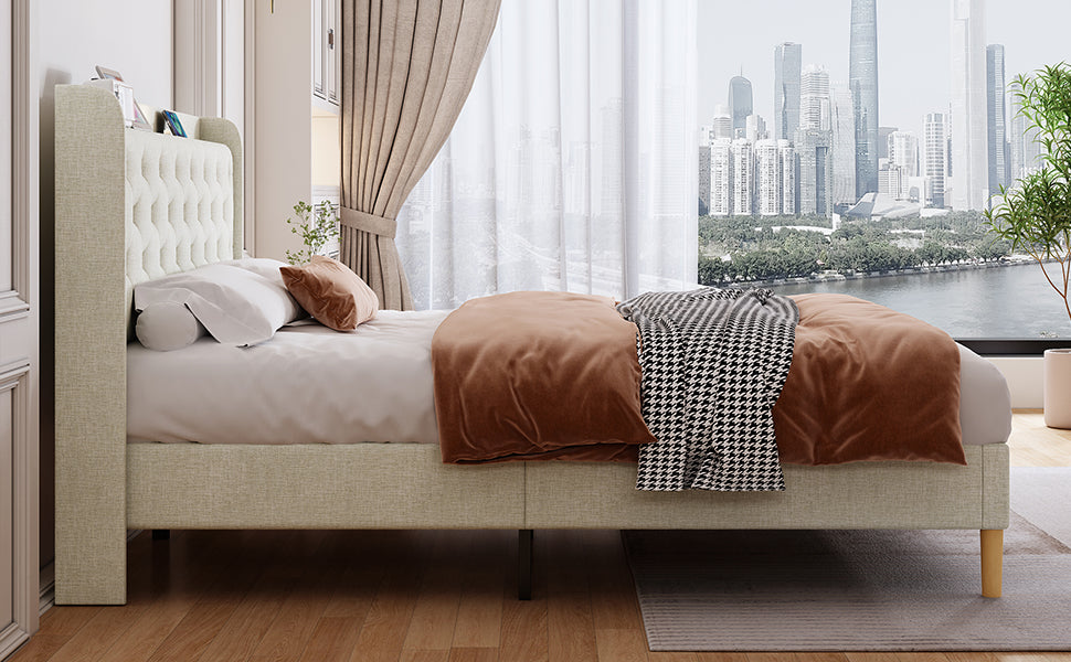 Queen Size Bed, Mesh Backboard Beautiful, With Led Lights, Cotton And Linen Fabric, Frame Stability, Easy To Assemble,Light Gray Queen Light Gray Mdf Acacia