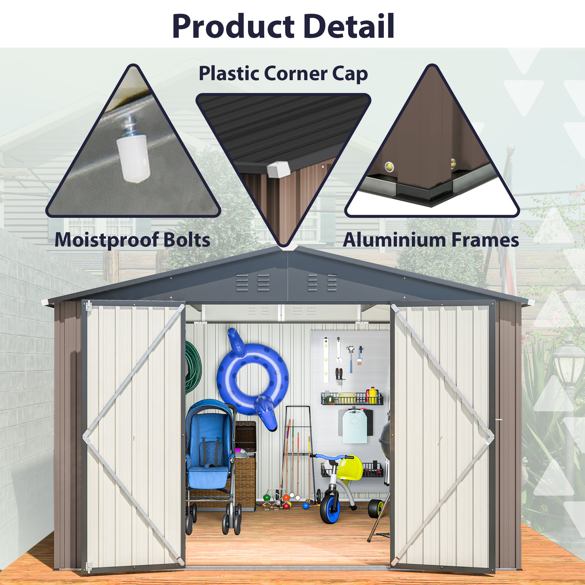 10' X 10' Metal Storage Shed For Ourdoor, Steel Yard Shed With Design Of Lockable Doors, Utility And Tool Storage For Garden, Backyard, Patio, Outside Use Brown Metal