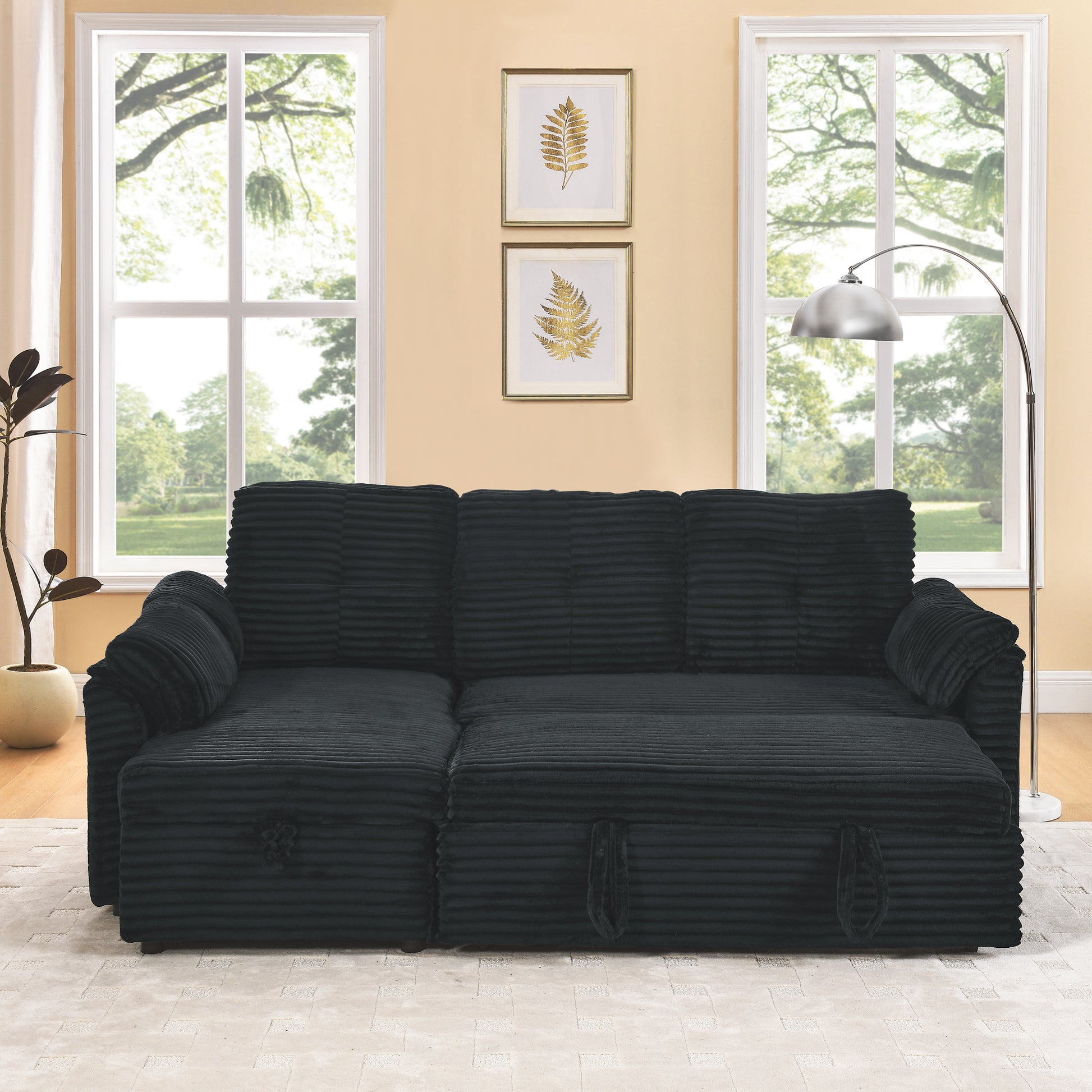 Corduroy Tufted Upholstered Sleeper Sectional Sofa, L Shaped Modular Convertible Sofa With Reversible Storage Chaise, Pull Out Sleep Couch Bed And Reclining Backrest Perfect For Living Space, Black Full Black Corduroy