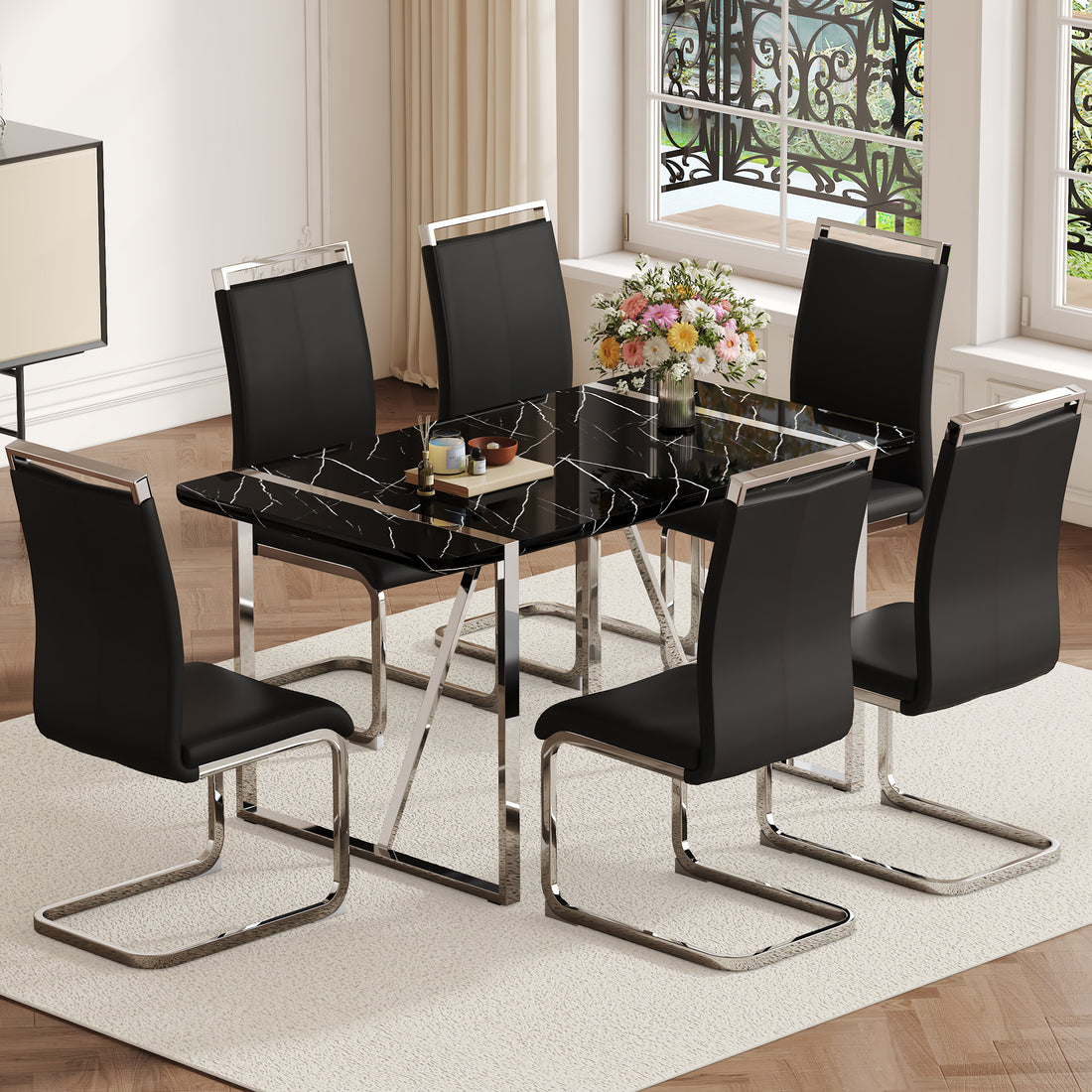 Table And Chair Set.A Rustic Industrial Rectangular Mdf Black Dining Table With Mdf Desktop And Electroplated Silver Metal Legs.Paried With 6 Chairs With Pu Cushion And Metal Legs. Black,Silver Seats 6 Mdf Metal