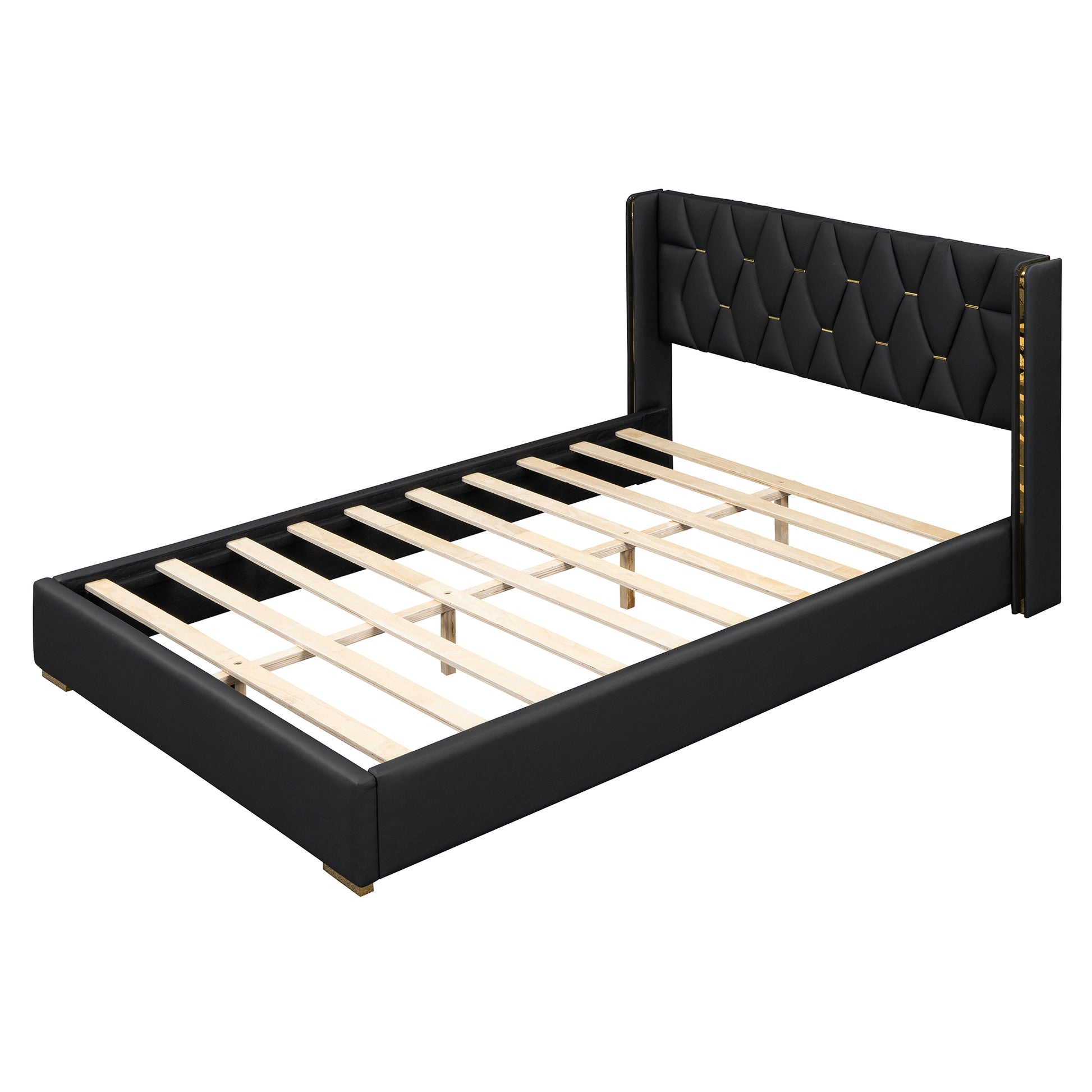 Full Size Upholstered Platform Bed With Metal Strips, Black Full Black Pu