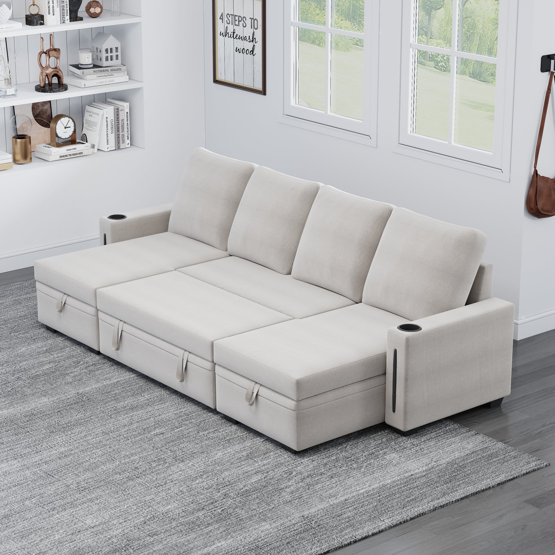 Sectional Sofa With Storage, 96" U Shaped Sectional Couches For Living Room, Comfy Convertible Sectional Sofa Beige Beige Linen Wood Primary Living Space Cushion Back Soft Modern Eucalyptus Square Arms Foam Linen 4 Seat